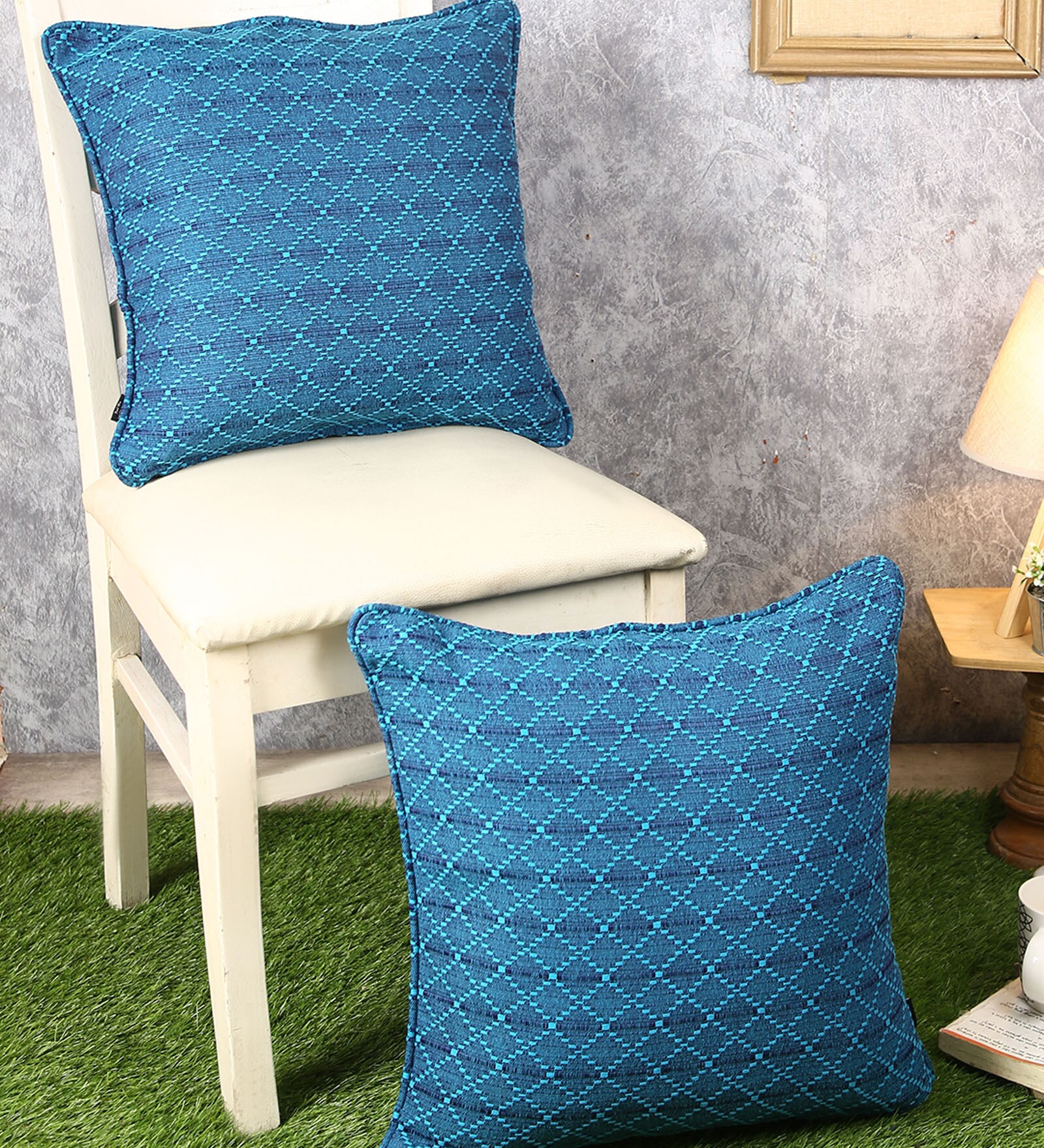 Blue Geometric Cotton 18 x 18 Inches Cushion Covers (Set of 2)