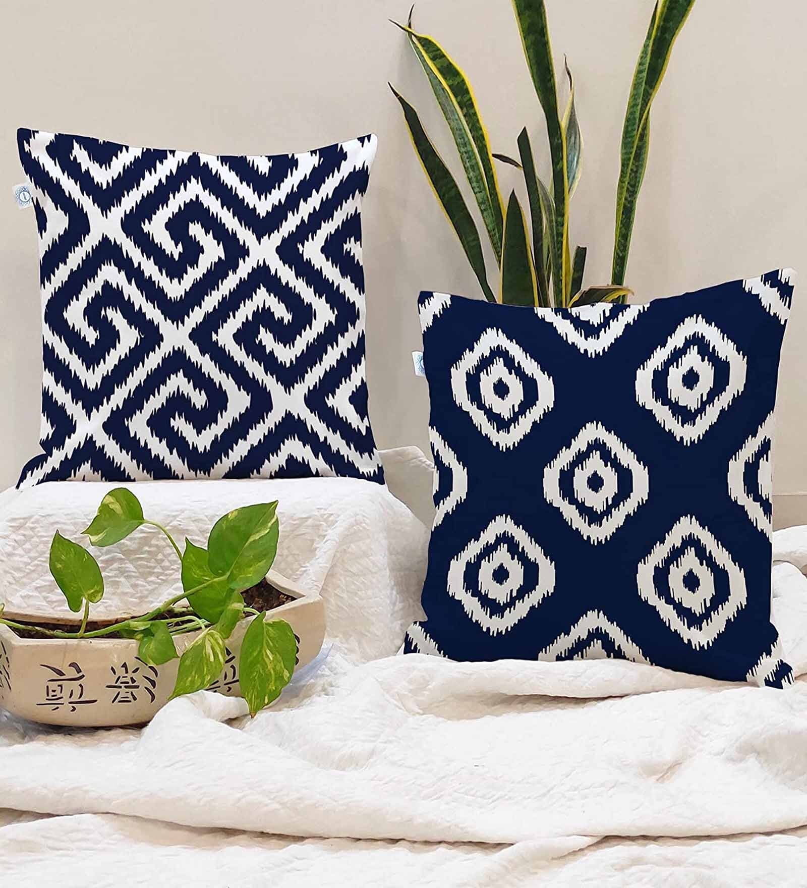 Blue Cotton Geometric 24x24 inches Cushion Covers (Pack of 2)