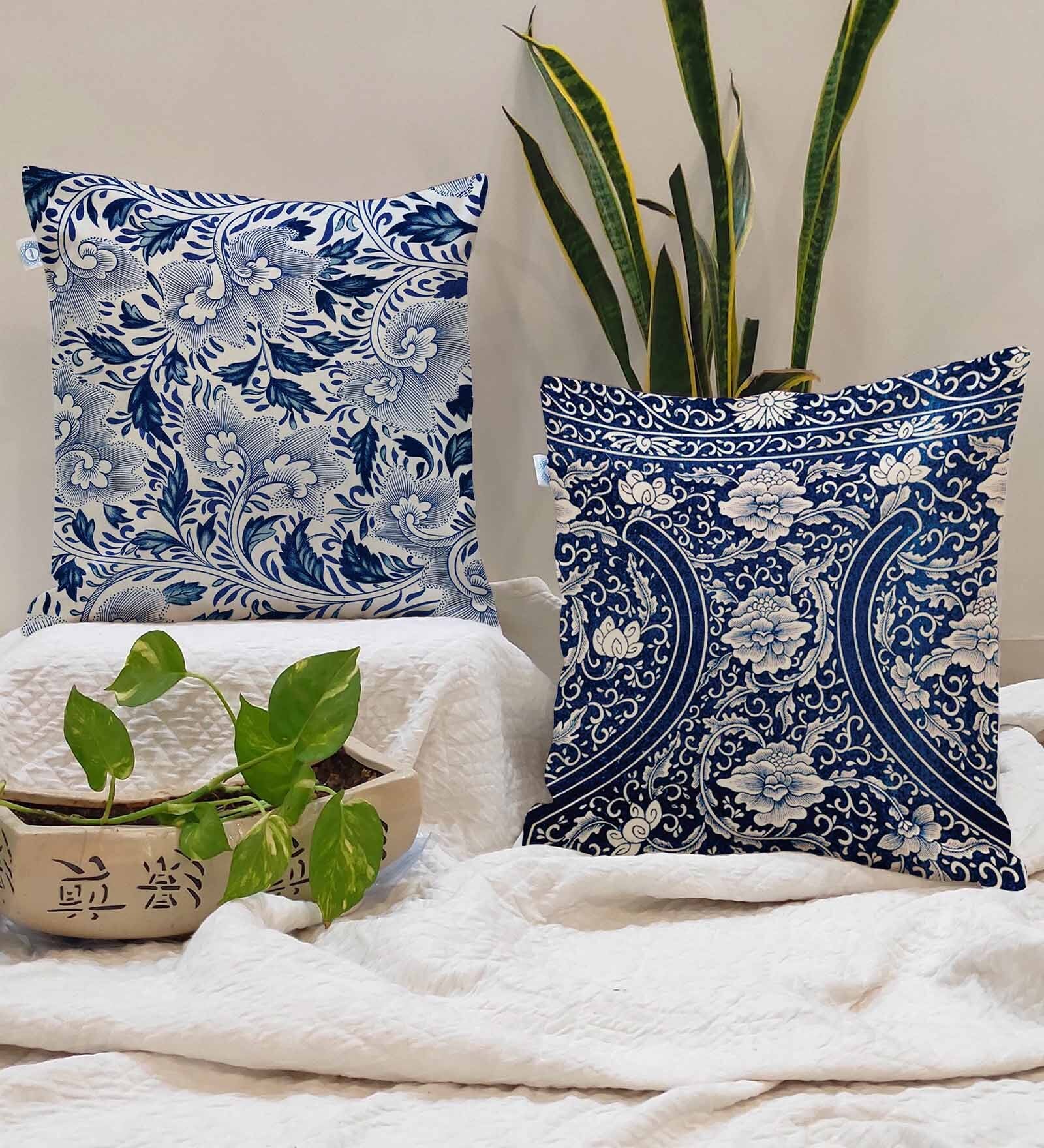 Blue Cotton Geometric 24x24 inches Cushion Covers (Pack of 2)
