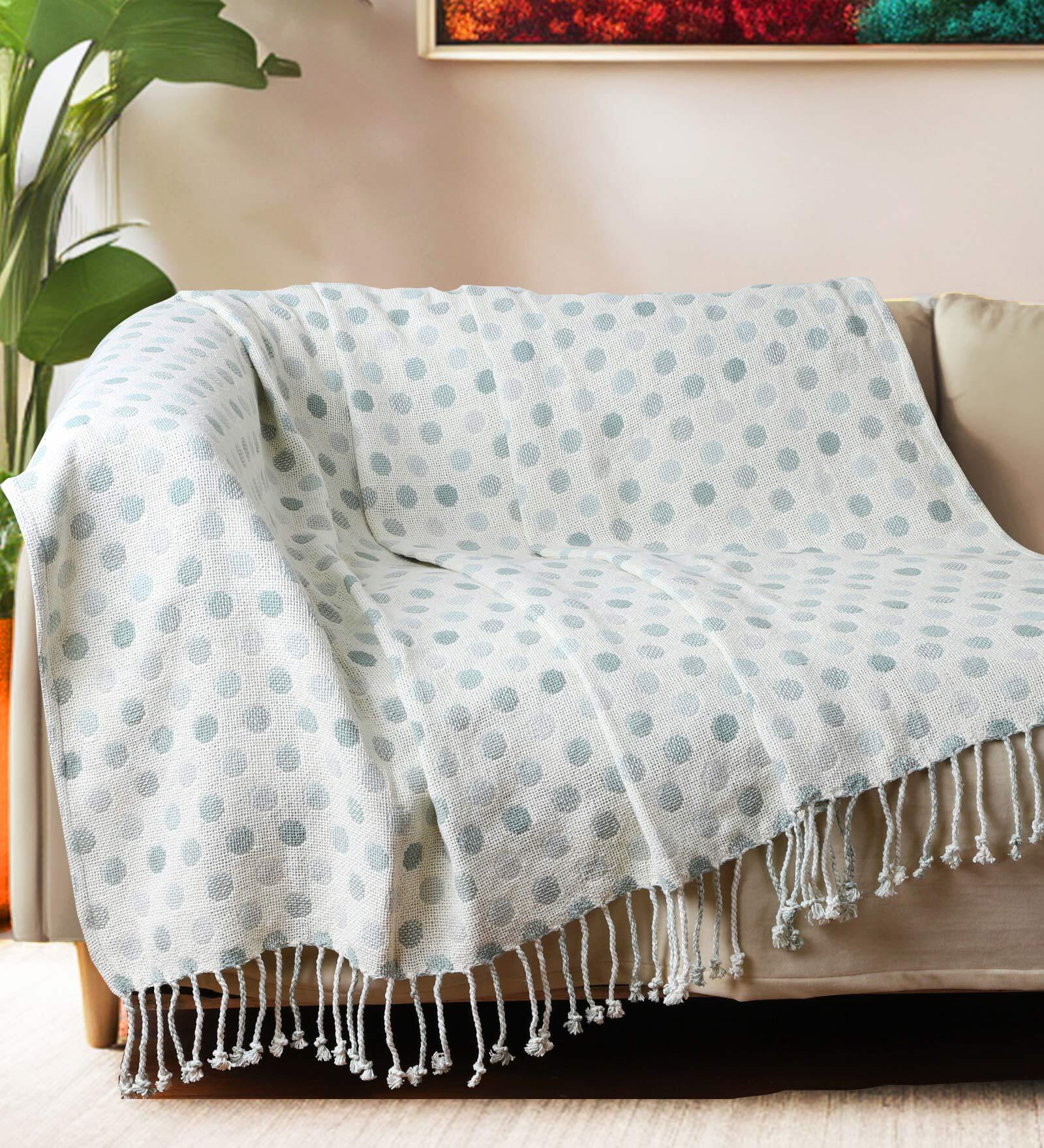 Blue Cotton Geometric 84x60 Inches Sofa Throw