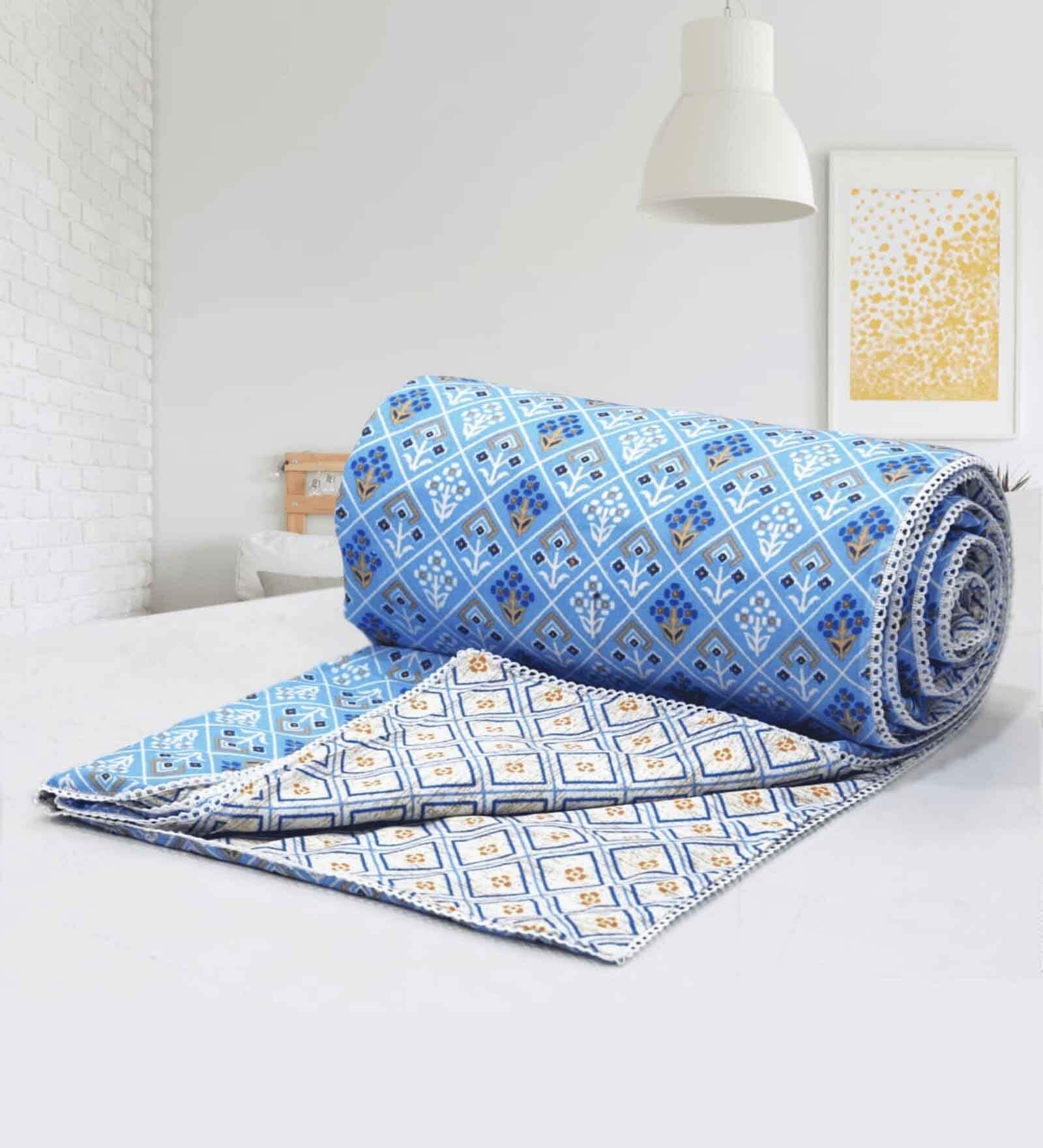 Blue Cotton Geometrical 144 TC  Double Bed Dohar