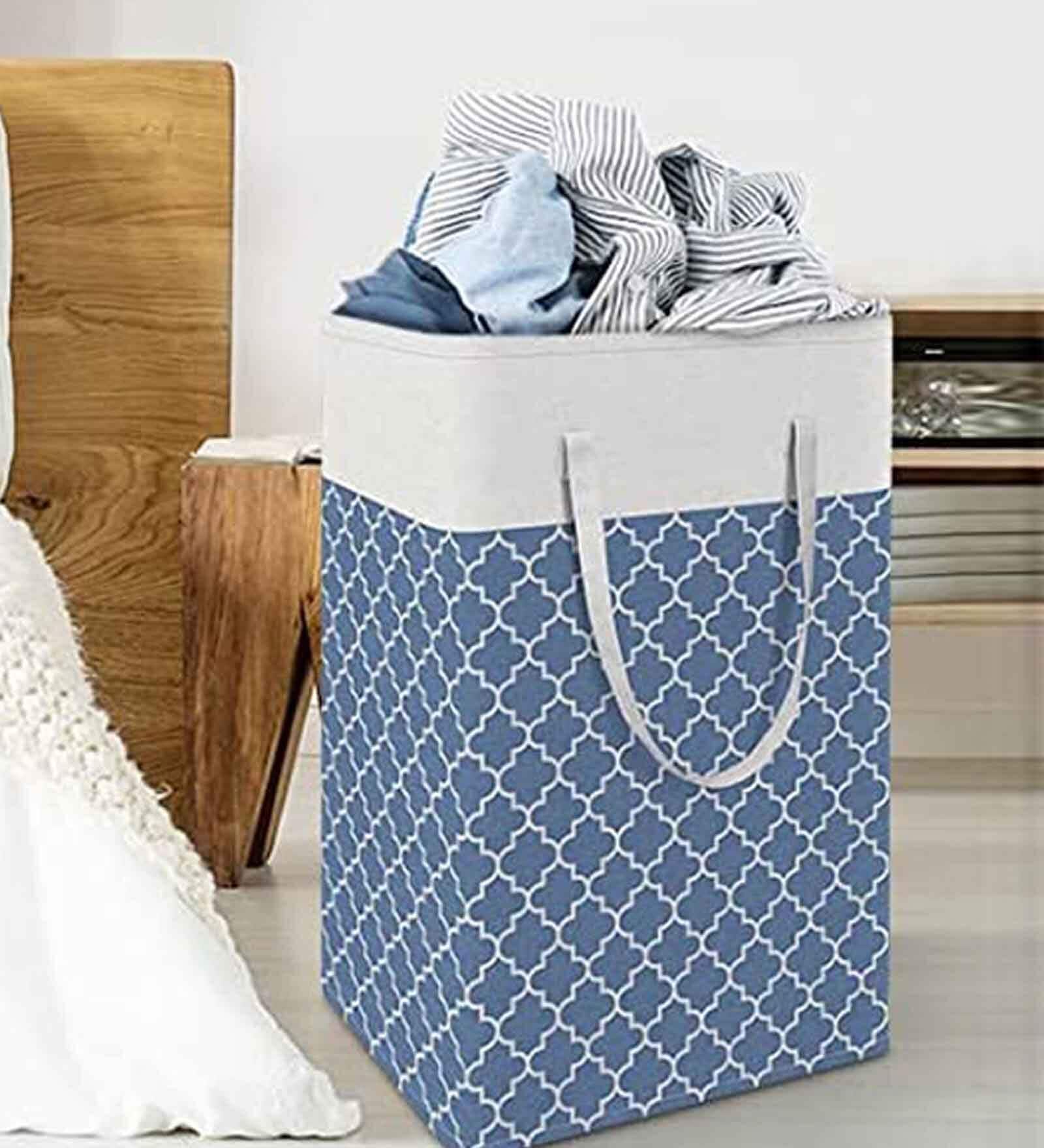Blue Linen Cotton Foldable 75 Ltr Laundry Basket (1Pc)