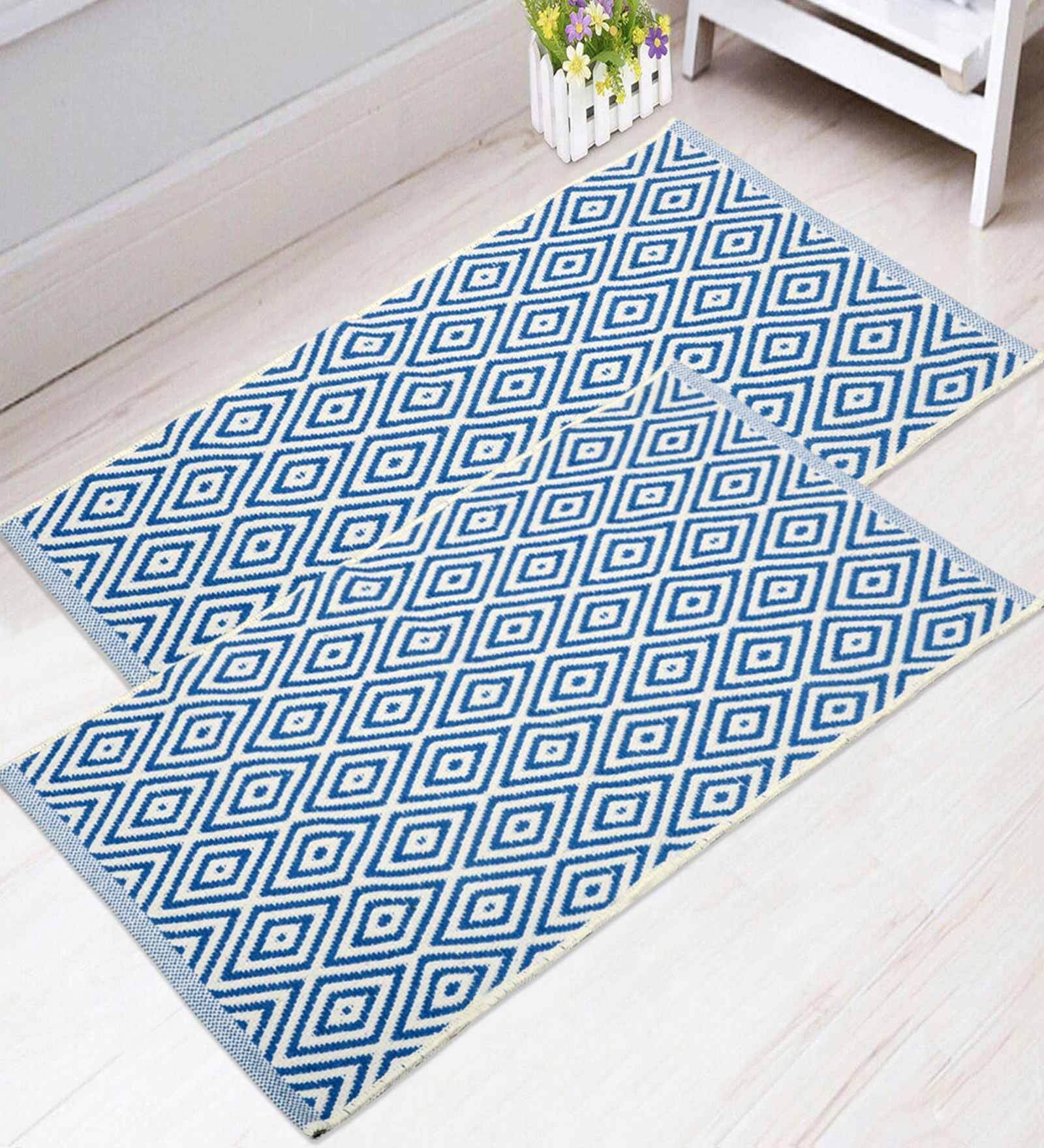 Blue Cotton Machine Made 2 X 3 Feet Dhurrie
