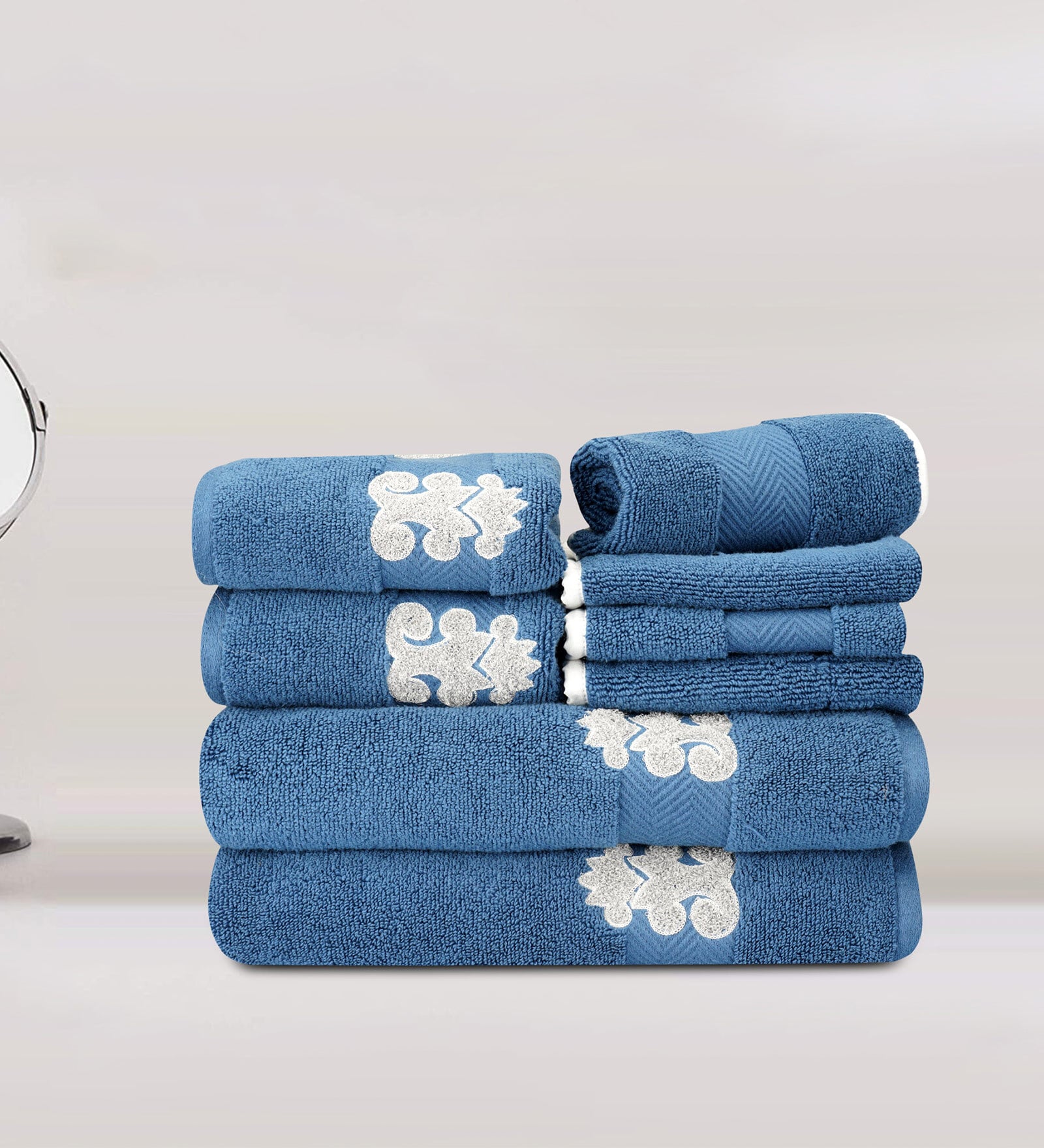 Blue Cotton Patterned 500 GSM Towel Set 8 Pieces