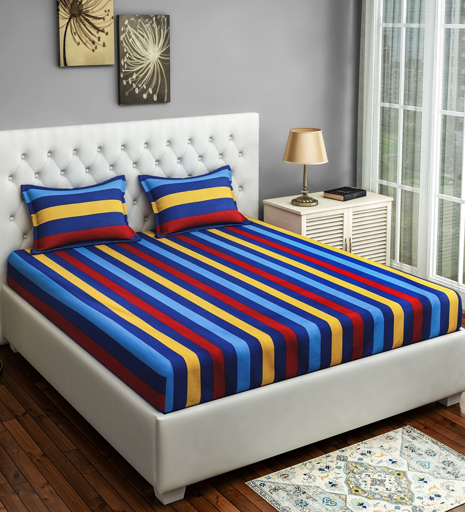 Cotton 180TC Fitted Queen Size Bedsheet with 2 Pillow Covers