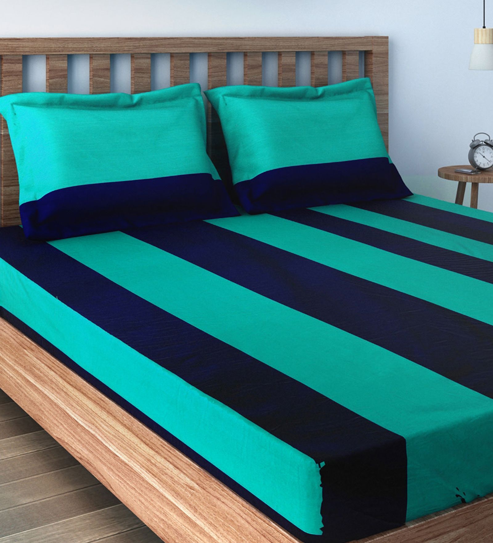 Blue Striped Cotton 180TC Fitted Queen Size Bedsheet with 2 Pillow Covers