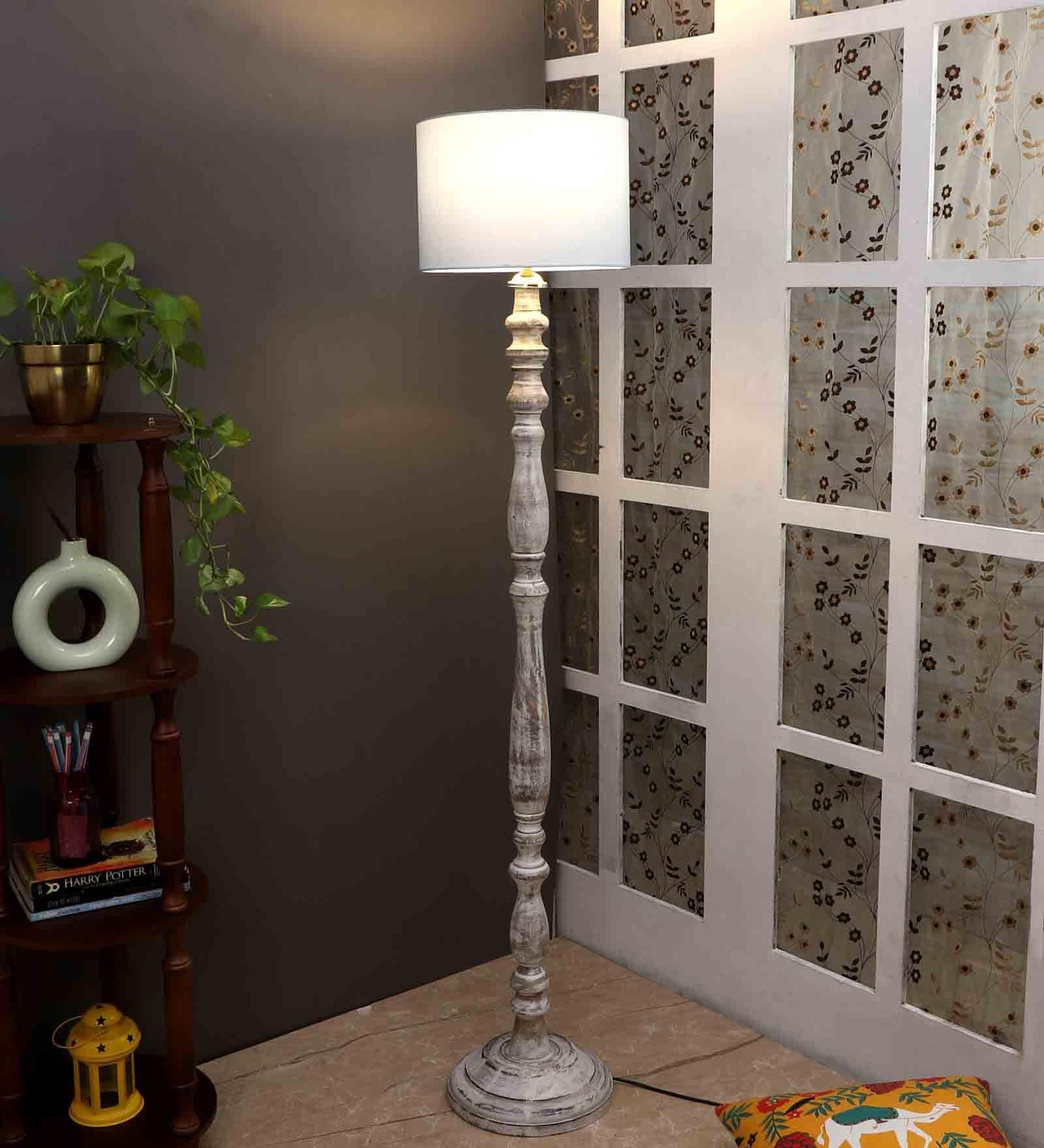 Blue Cotton Shade Novelty Floor Lamp Mango Wood Base