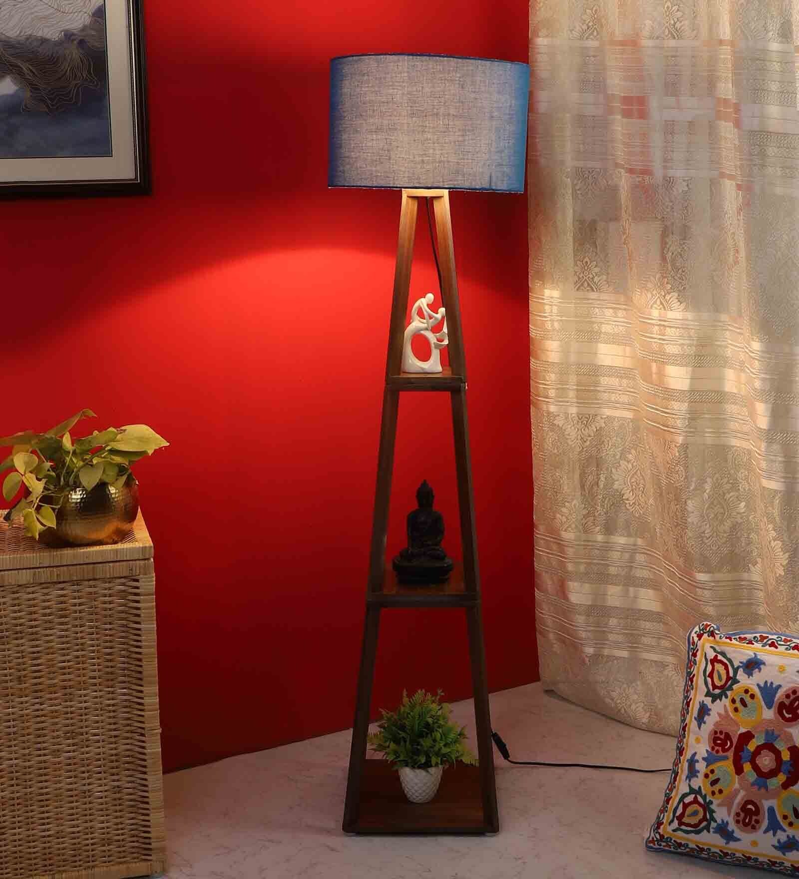 Buy Dynamic Blue Cotton Shade Shelf Floor Lamp With MDF Base By