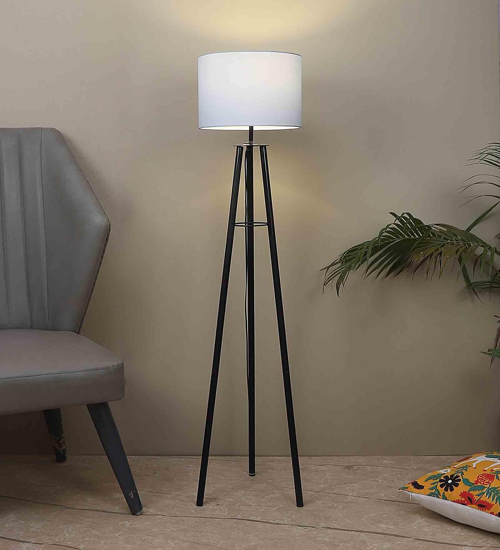 Blue Cotton Shade Tripod Floor Lamp Iron Base