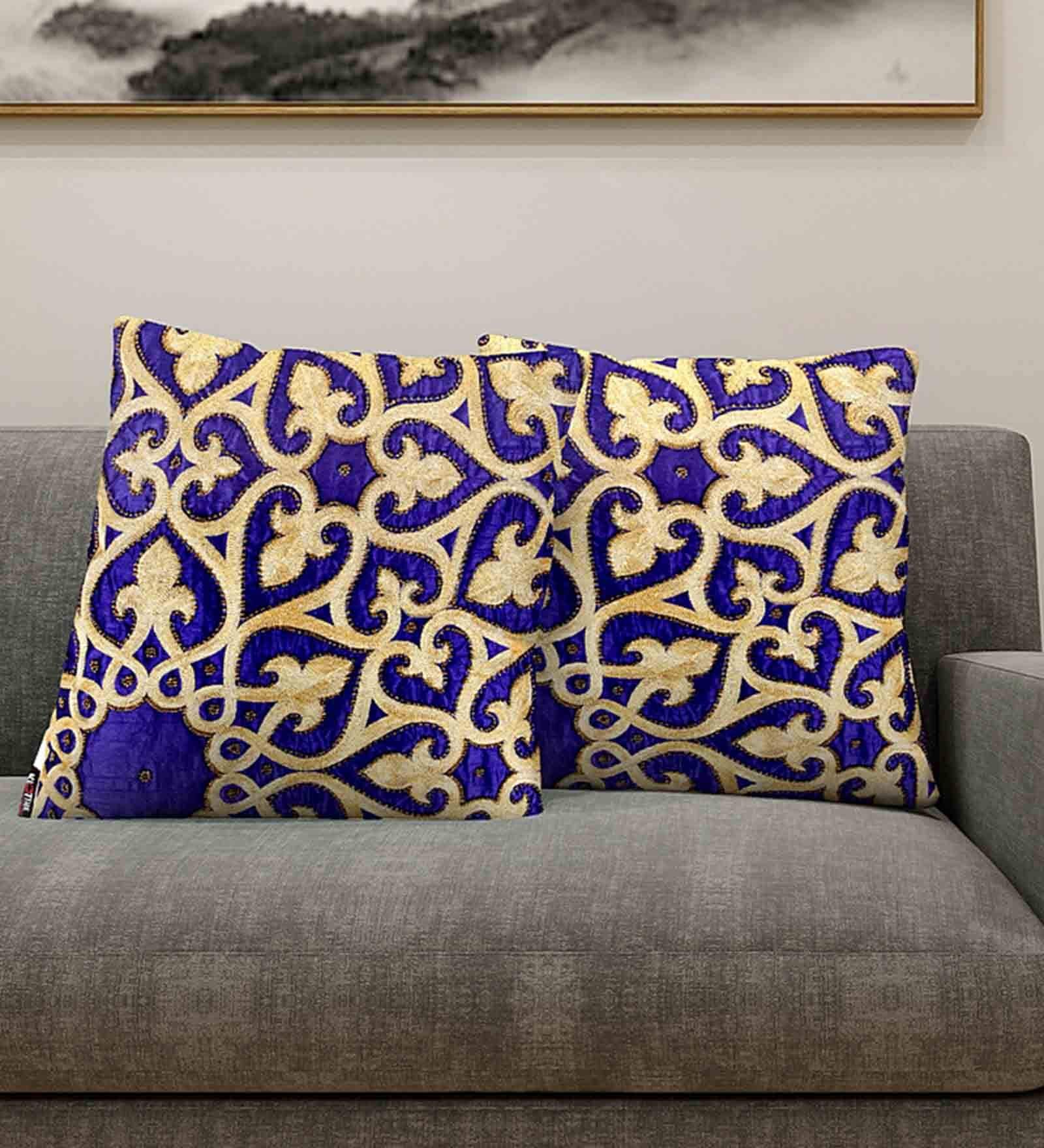 Blue Cotton Silk Embroidered 16 x16 inch Set of 2 Cushion Covers