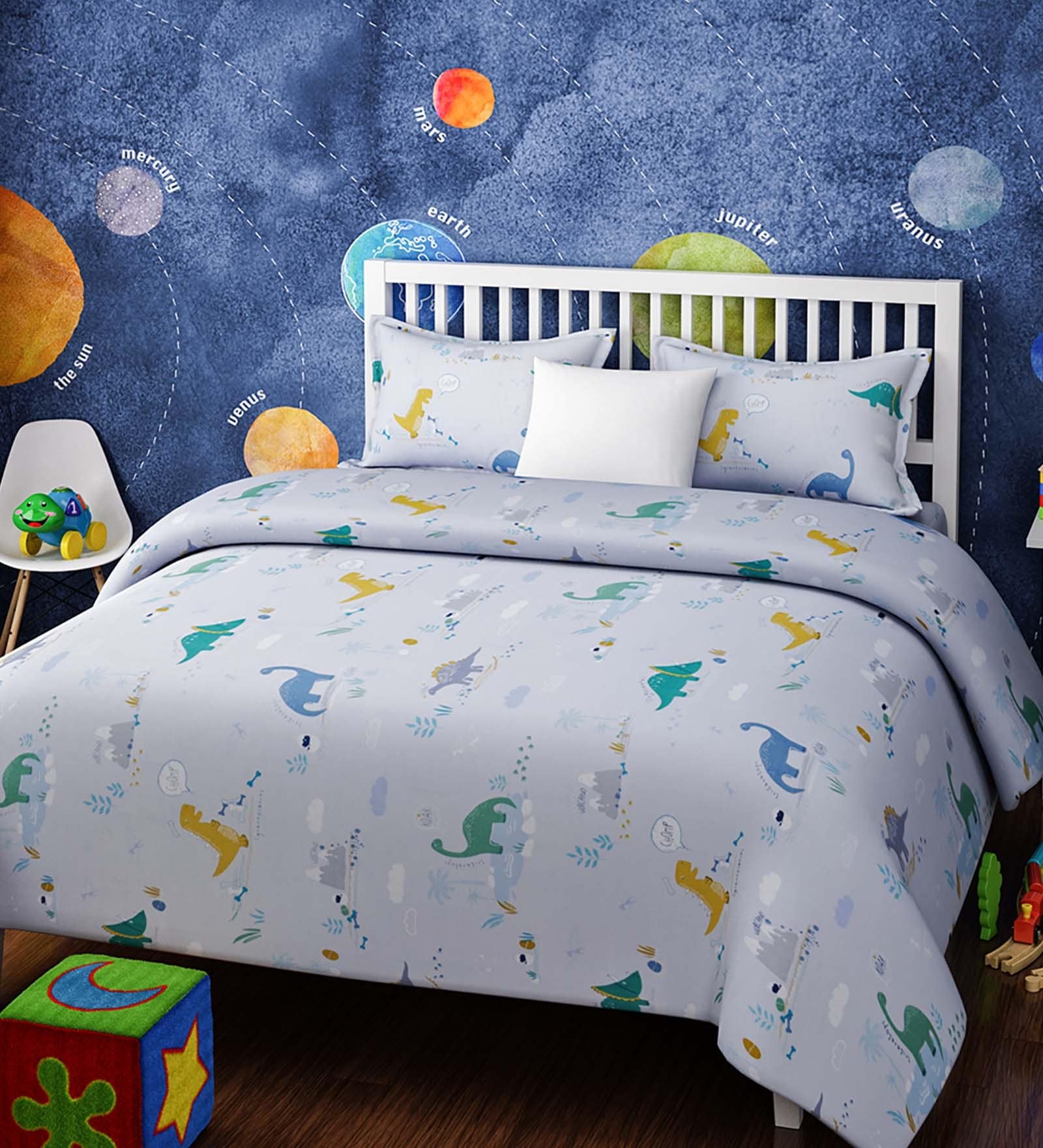 Dinosaurs Print Single Bedsheet with 1 Pillow Cover in Light Grey Colour