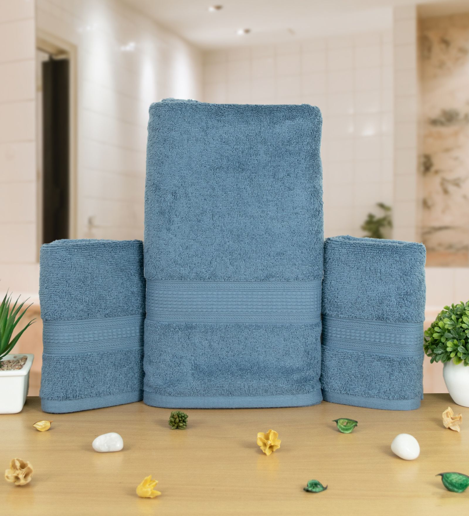 Blue Cotton Solid  500 GSM Bath & Hand Towels Pack of 3 (1Bath 2 Hand)