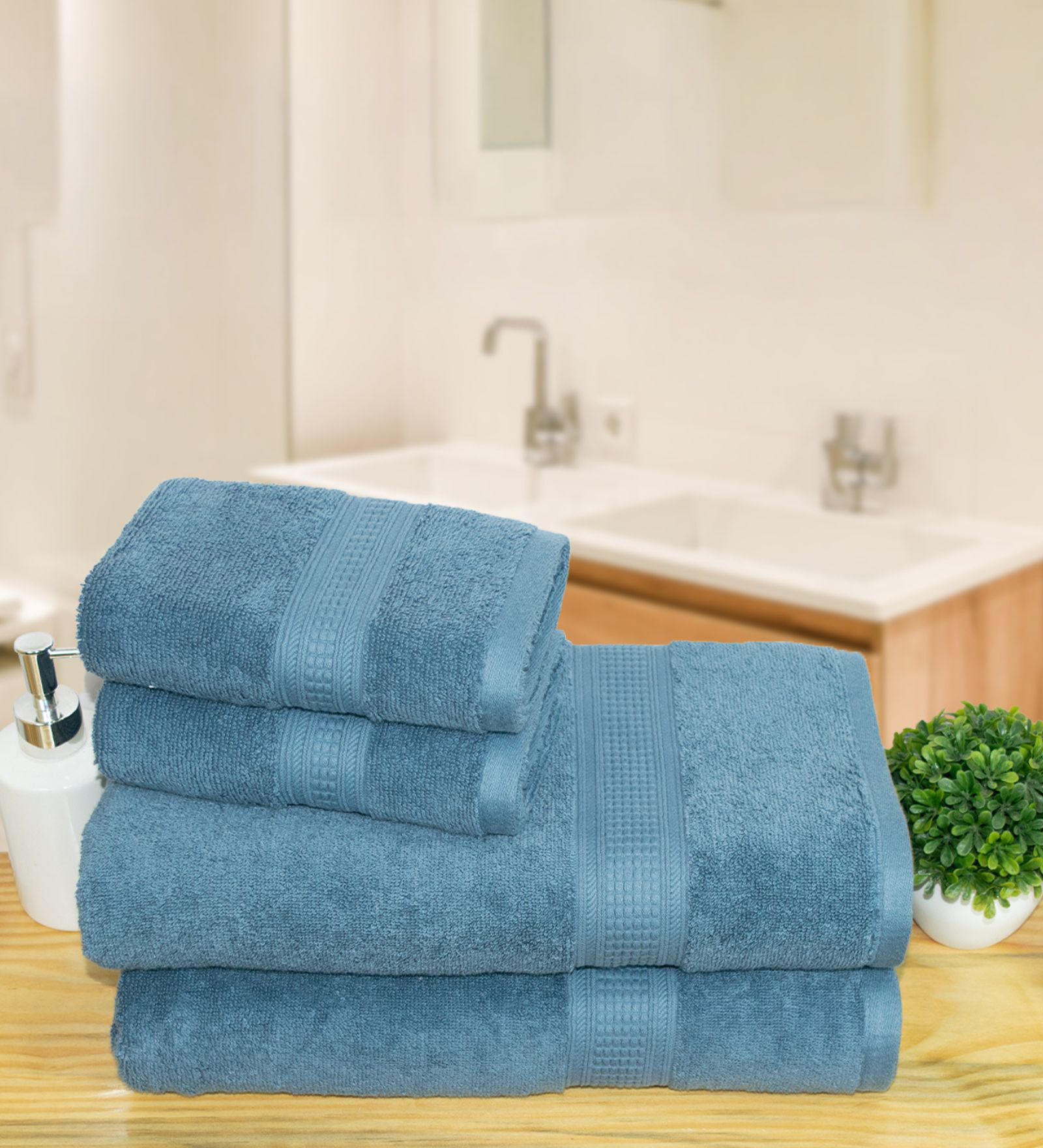 Blue Cotton Solid  500 GSM Bath & Hand Towels Pack of 4 (2 Bath 2 Hand)