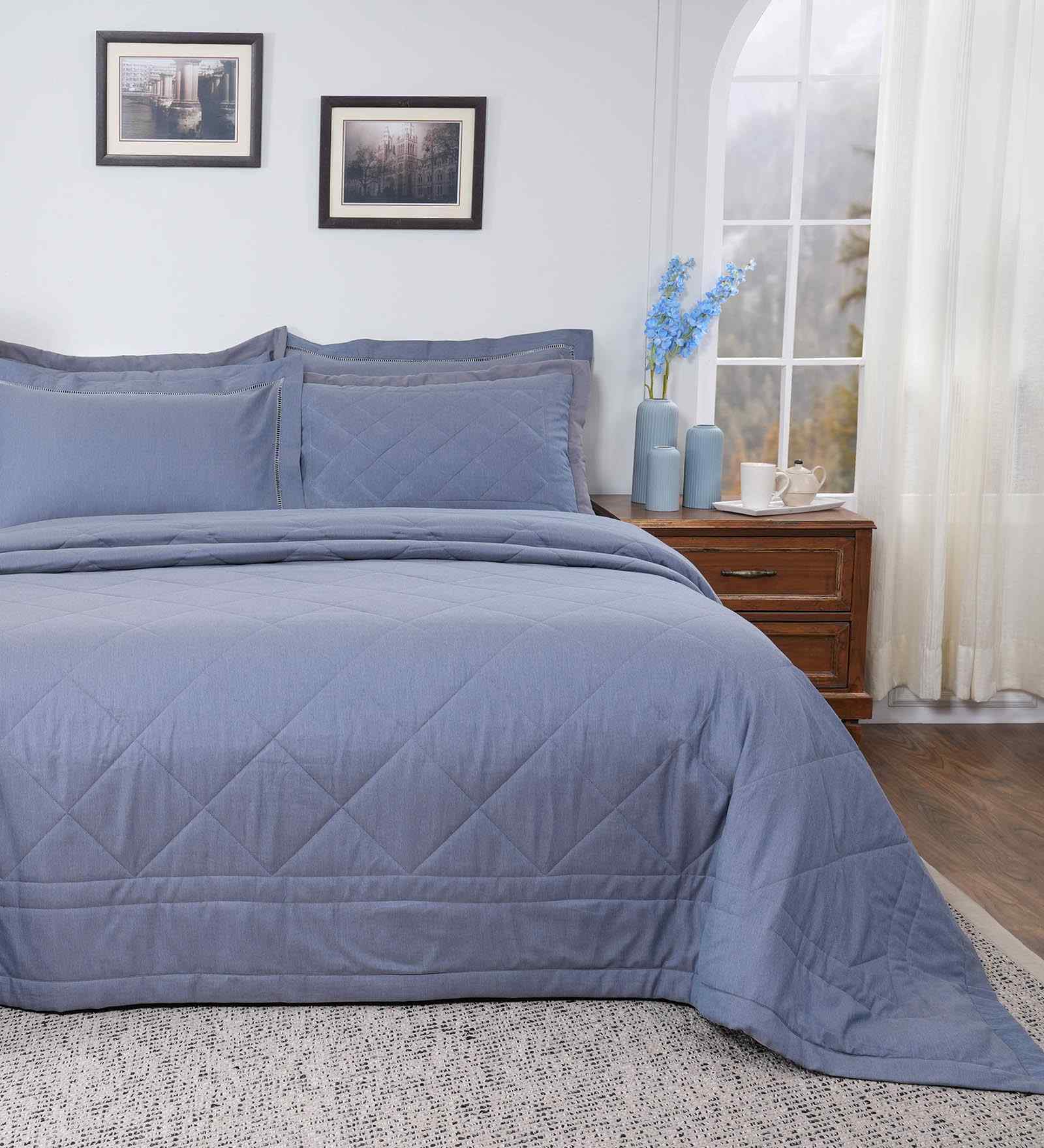 Blue Cotton Solid 110 GSM Double Bed Quilt