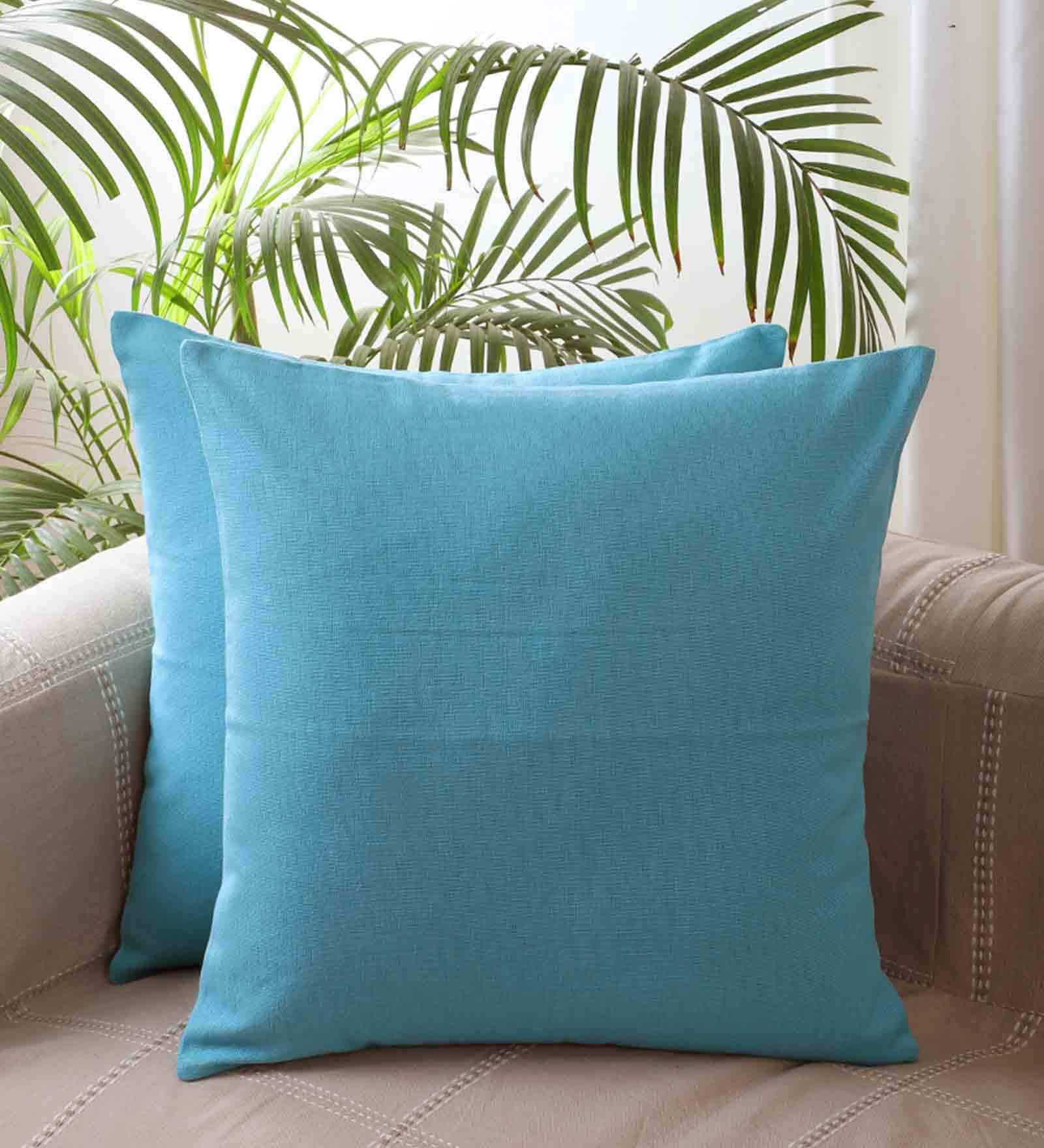 Blue Solid Cotton 16 x 16 Inches Cushion Covers (Set of 2)