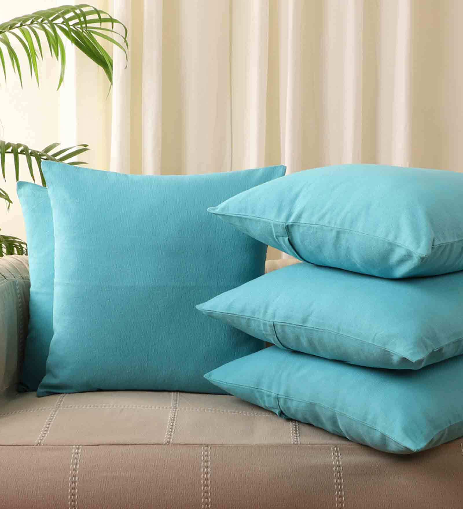 Blue Solid Cotton 16 x 16 Inches Cushion Covers (Set of 5)
