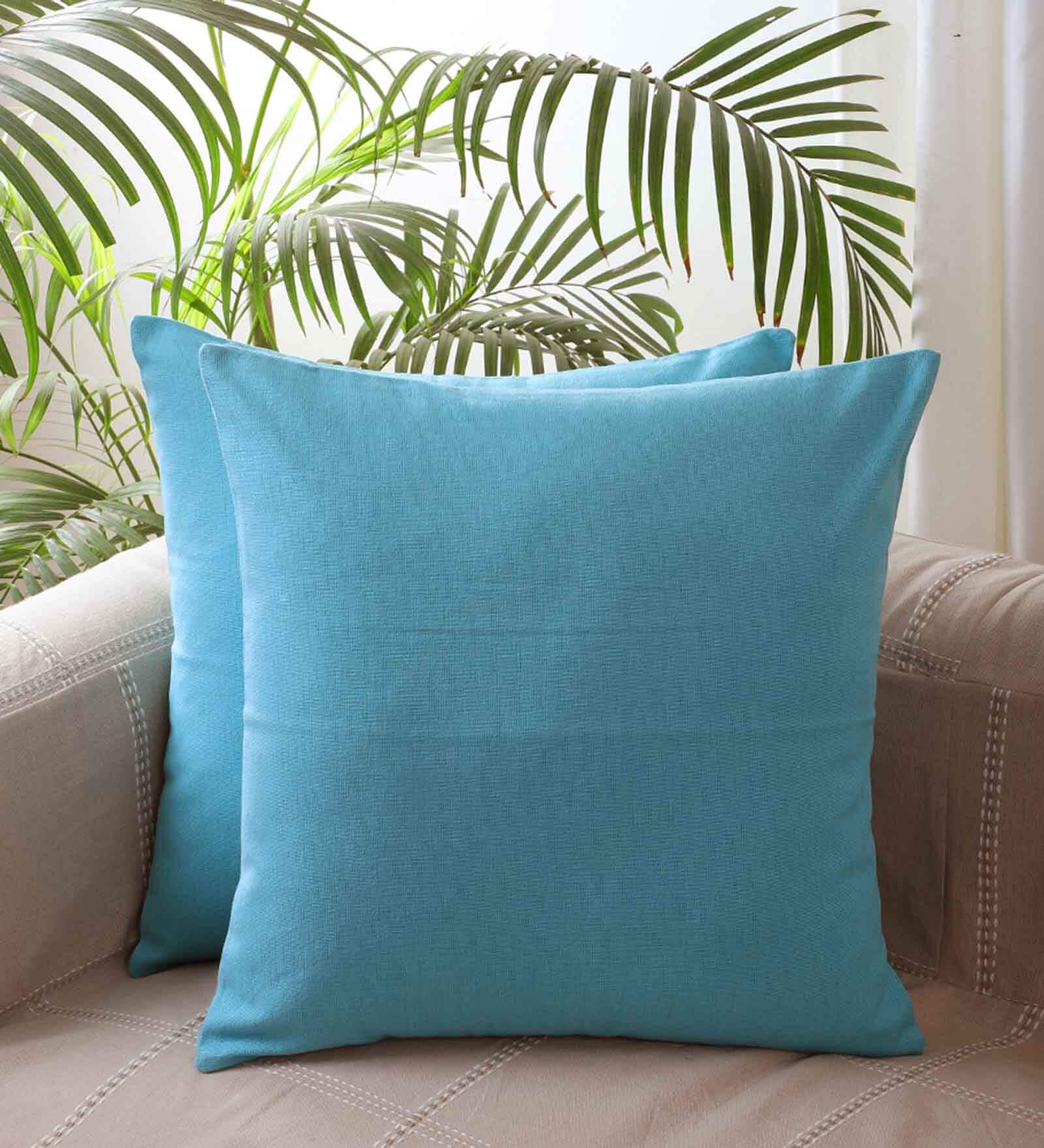 Blue Cotton Solid 20x20 inches Cushion Covers (Set of 2)
