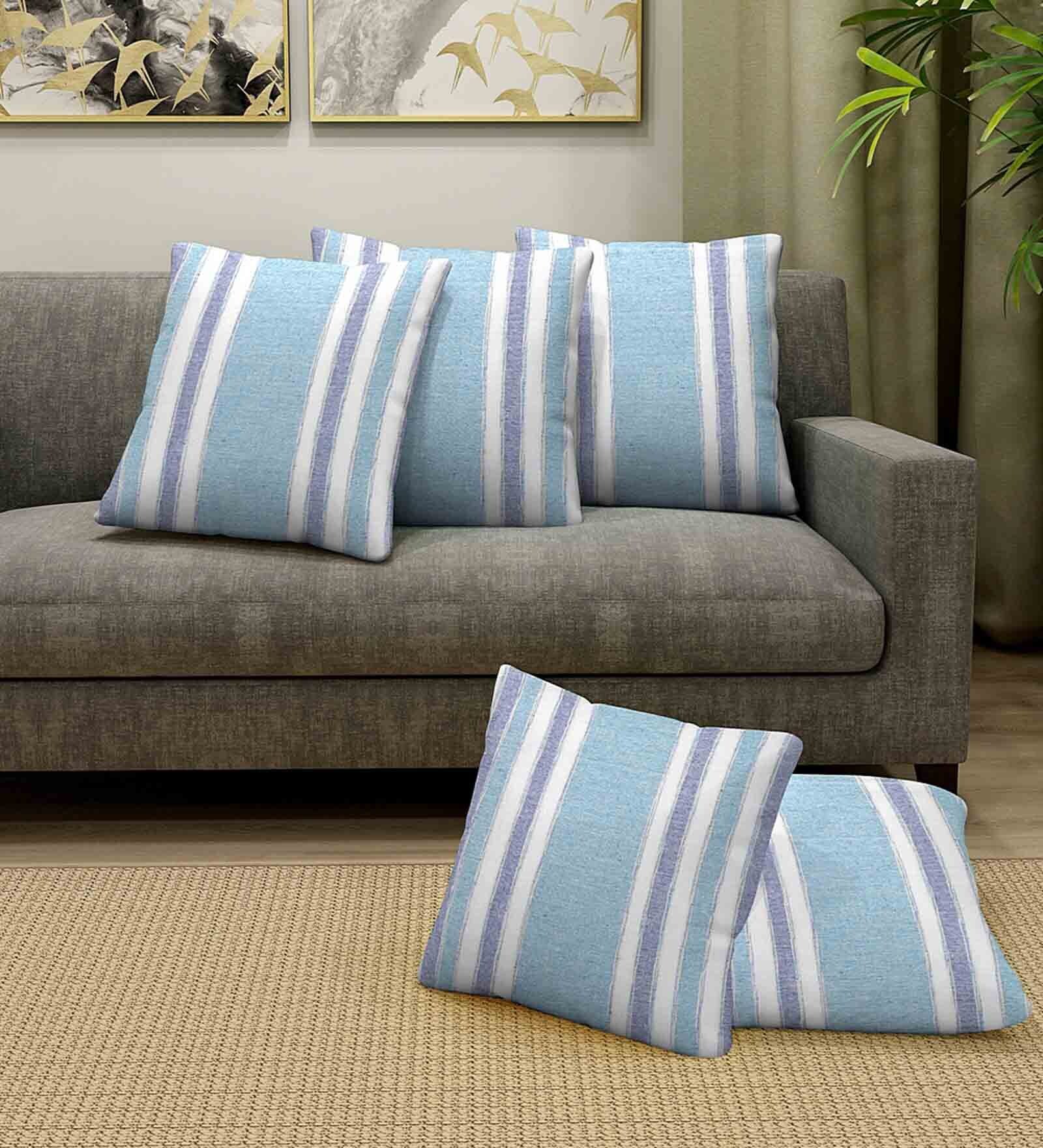 Blue Cotton Striped 14 x 14 inch Set of 5 Cushion Covers
