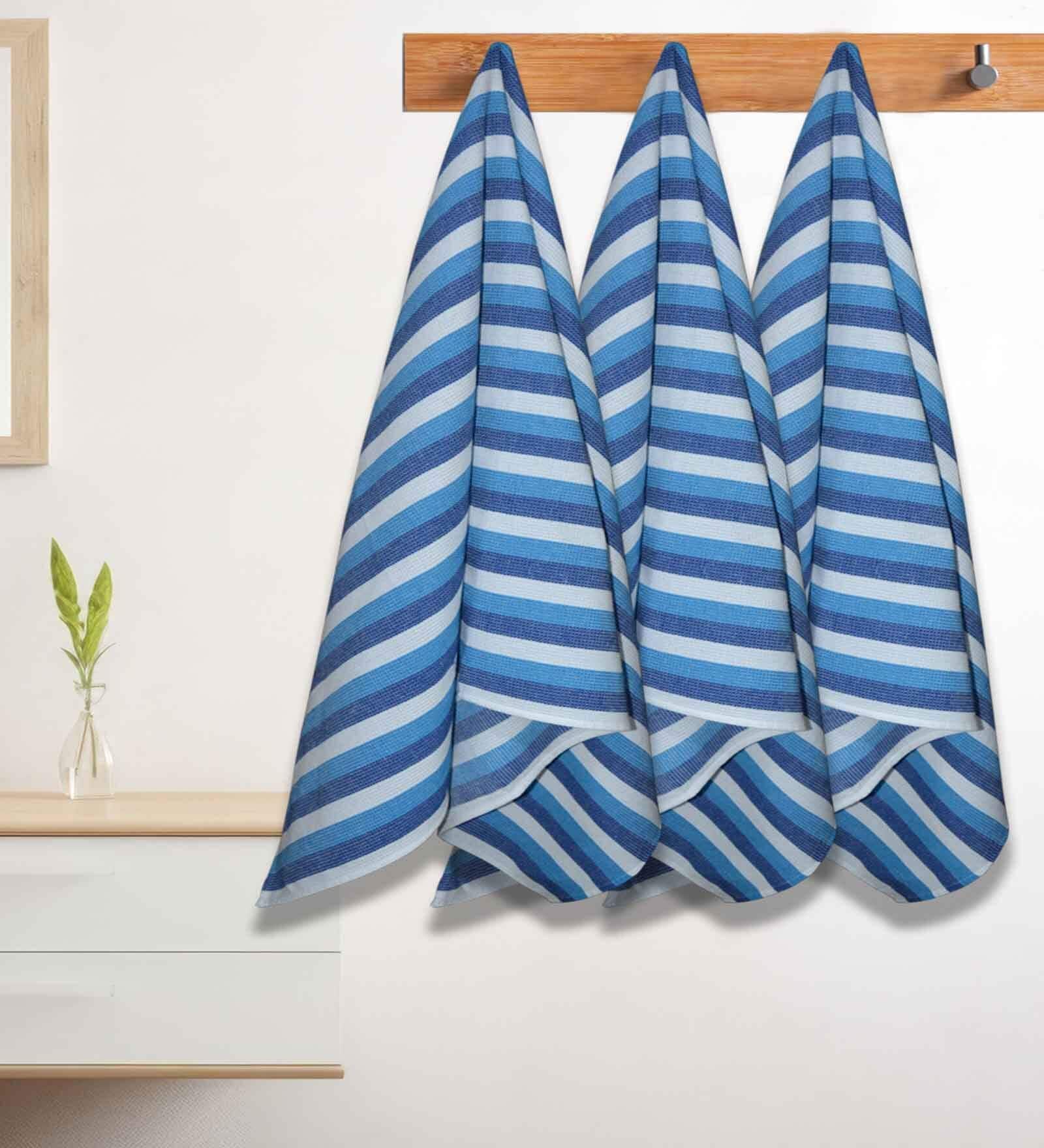 Blue Cotton Striped 220 GSM Bath Towels 3 Pc