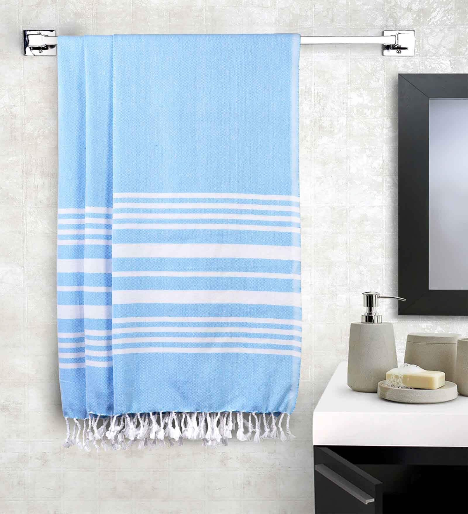 Blue Cotton Striped 201-250 GSM Bath Towel (Set of 3)