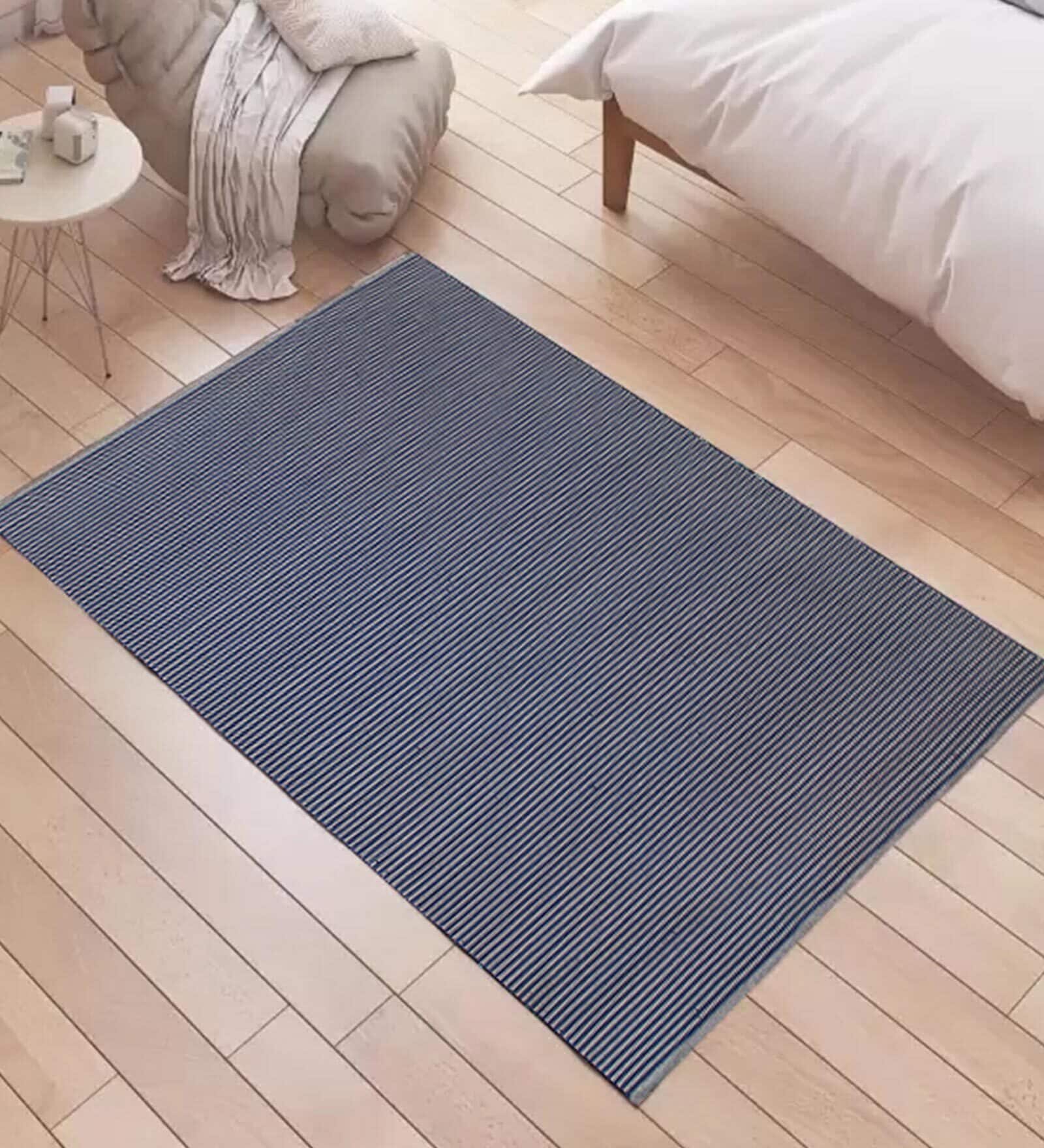 Blue Striped Cotton 5 ft x 7 ft Machine Made Carpet