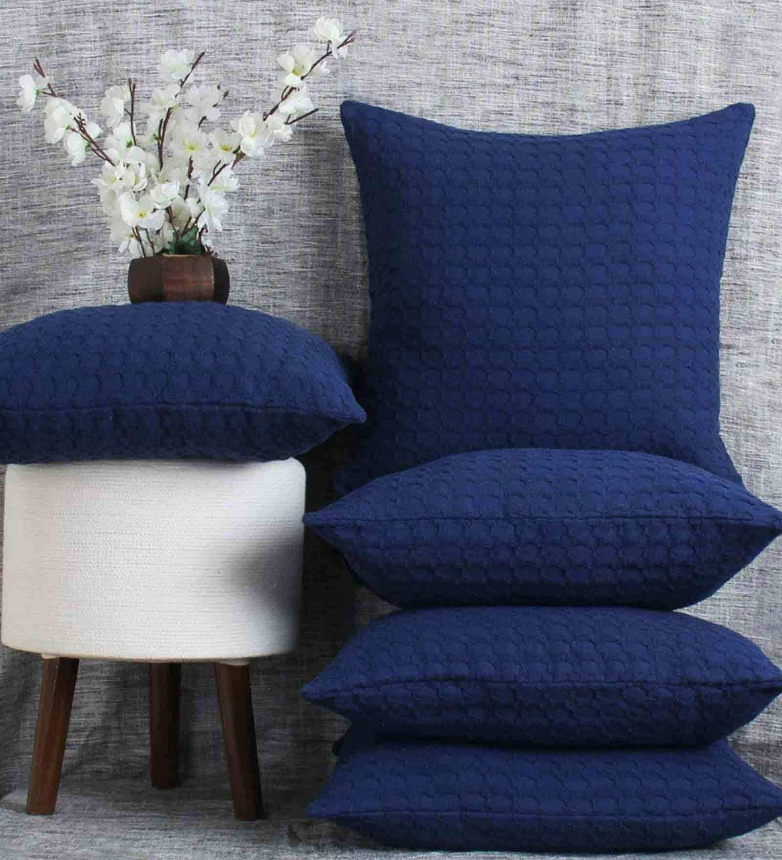 Blue Textured Cotton 20 x 20 Inches Cushion Covers (Set of 5)