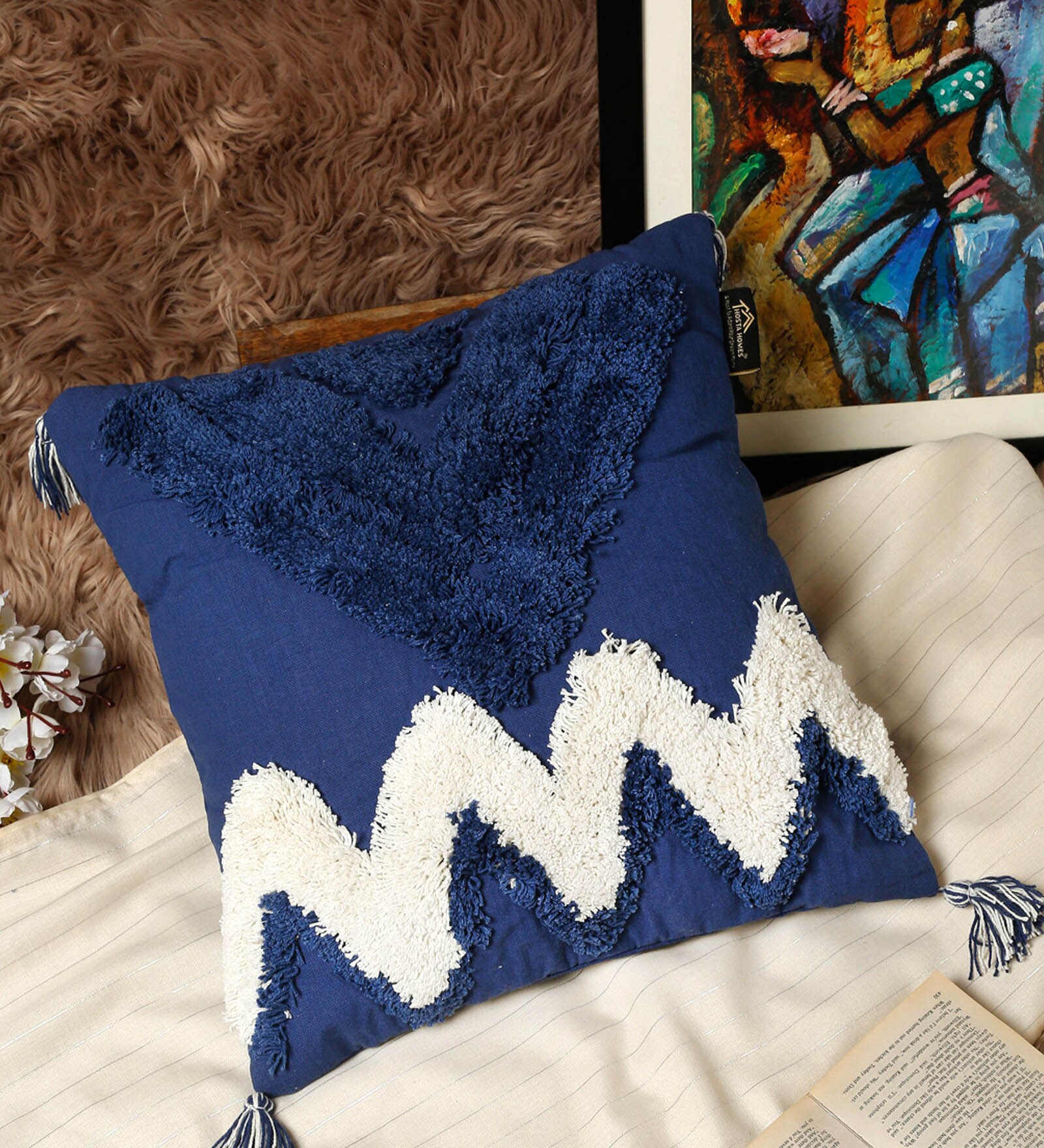Blue Woven Cotton 16 x 16 Inches Cushion Cover