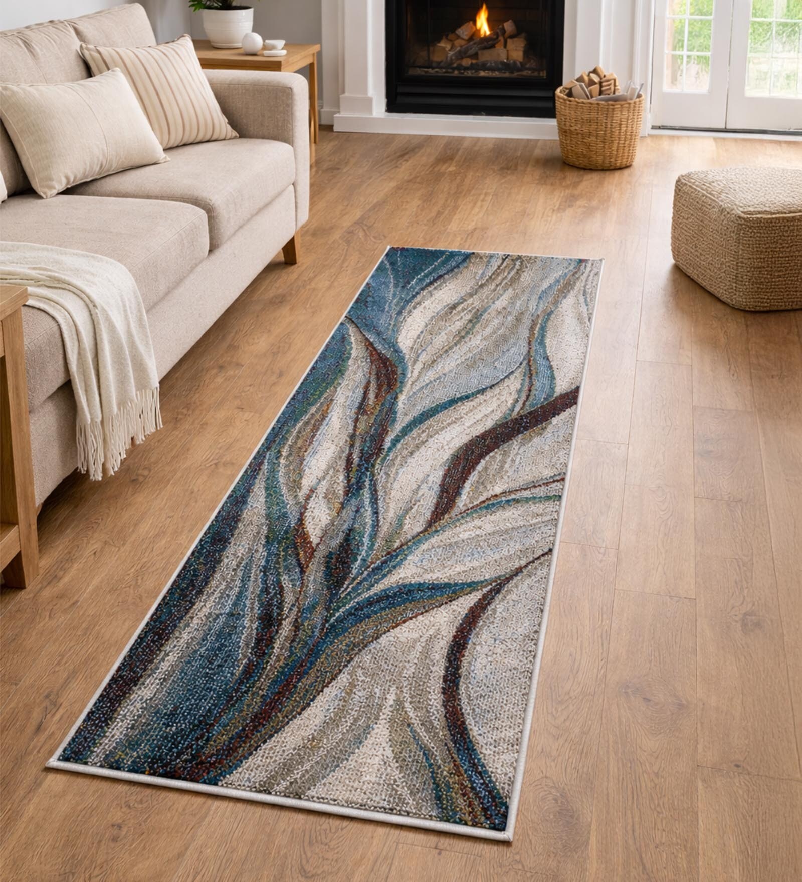Blue Cream Abstract Polypropylene 5 ft x 2 ft Machine Made Runner