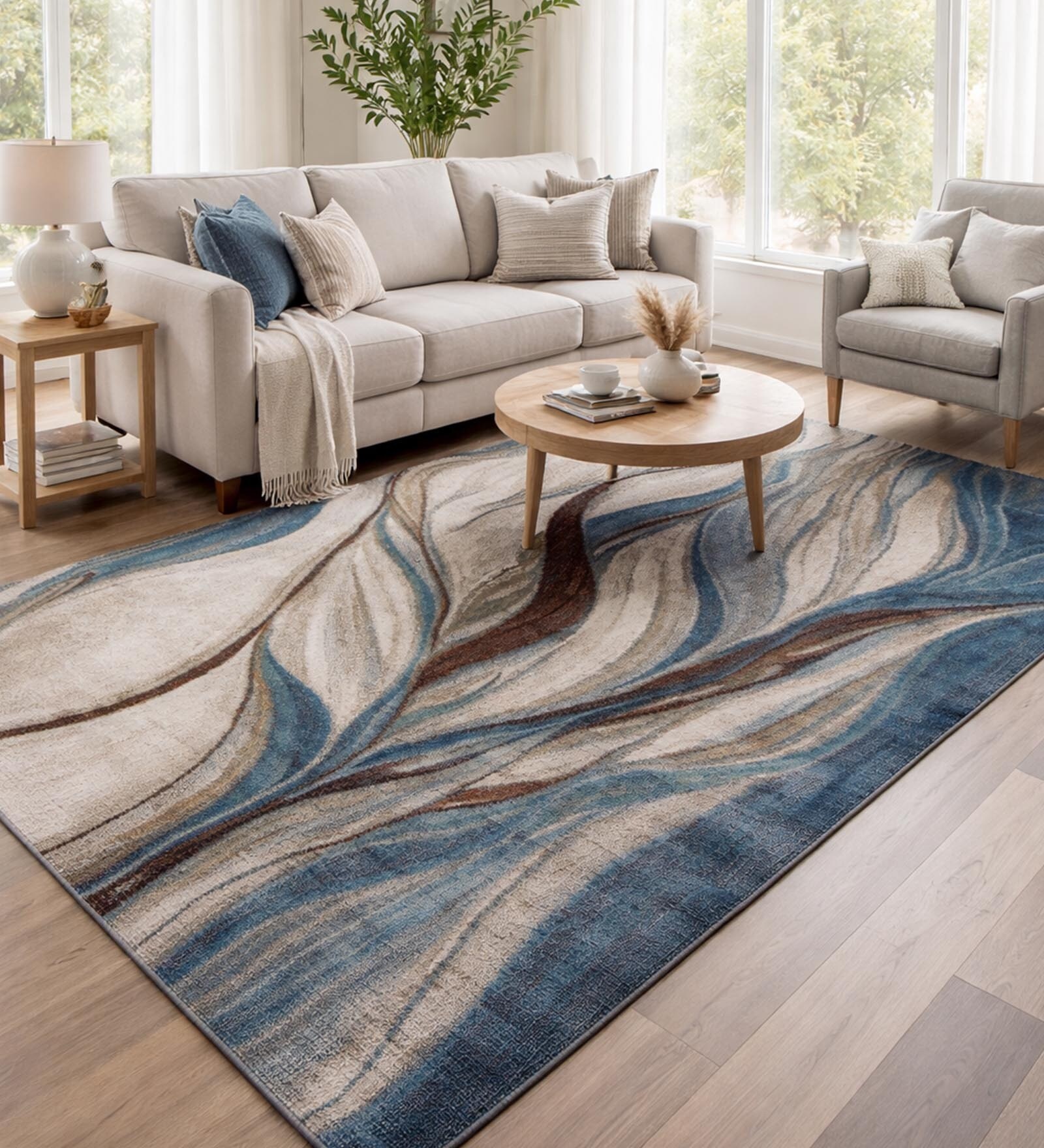 Blue Cream Abstract Polypropylene 7 ft x 5 ft Machine Made Carpet