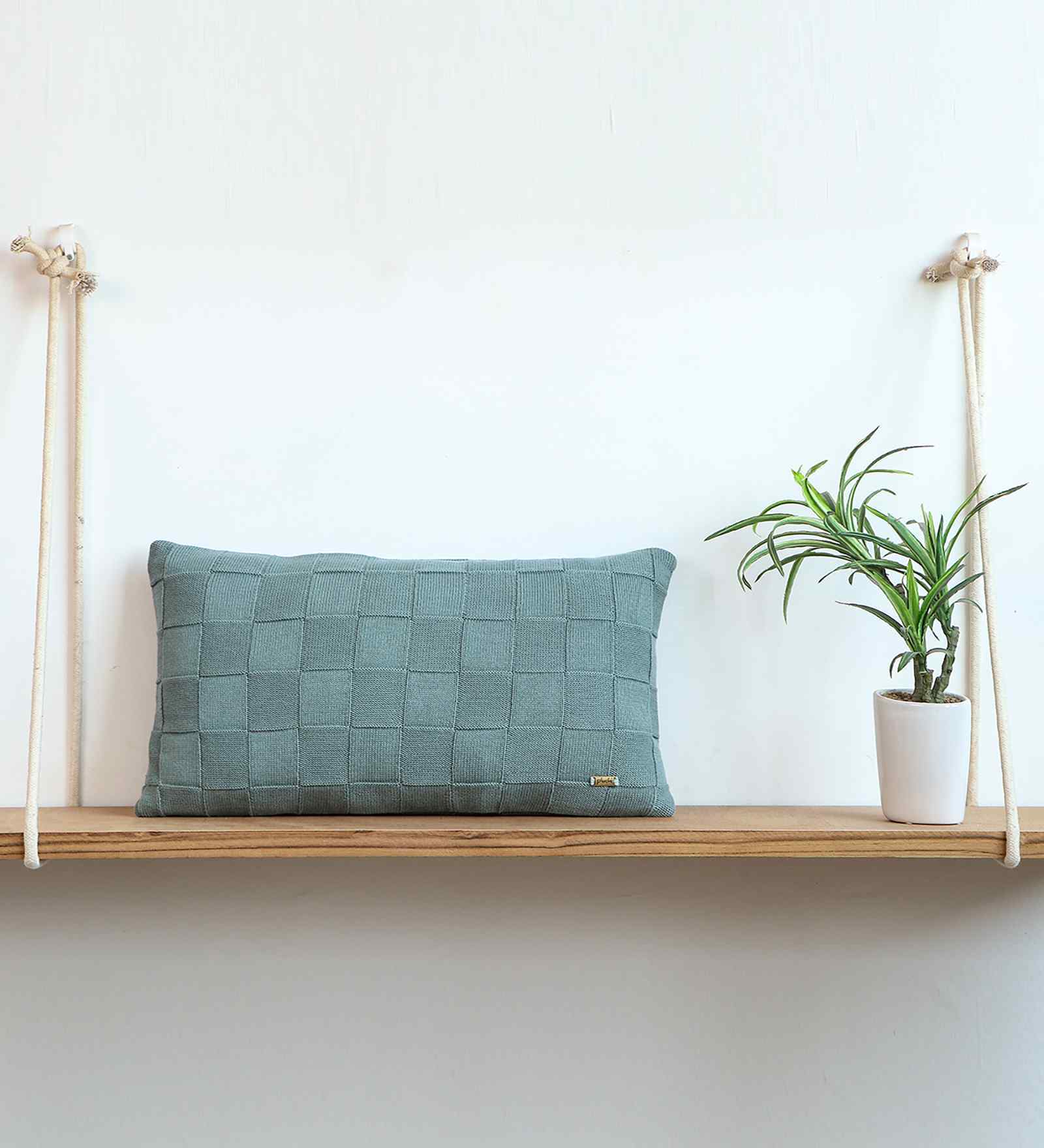 Blue Daisy 100% Cotton Square Check 12X20 Inches Knitted Cushion Cover