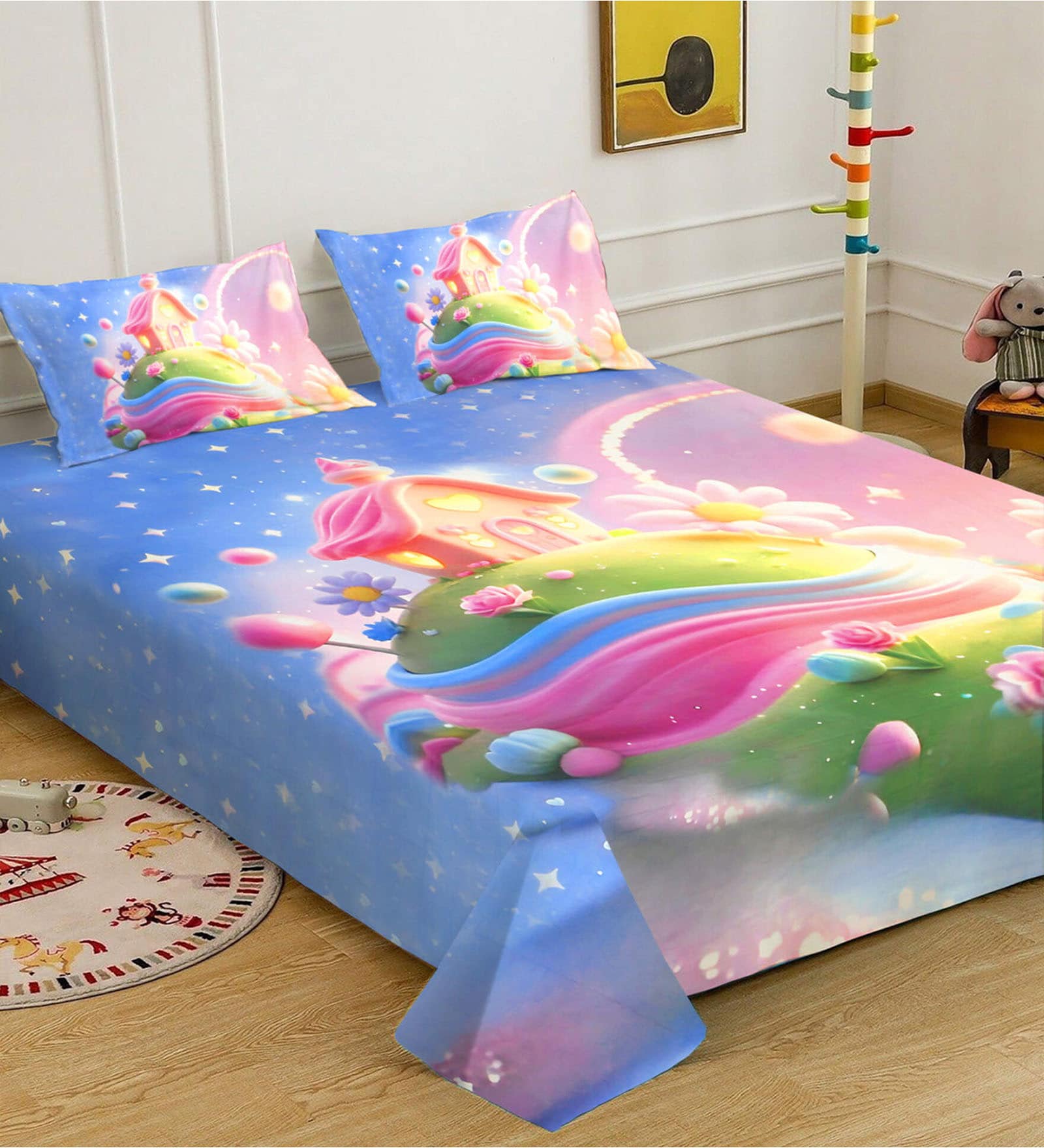 Blue Digital Cartoon Characters Printed Cotton Blend Double Bedsheet with 2 Pillow Covers