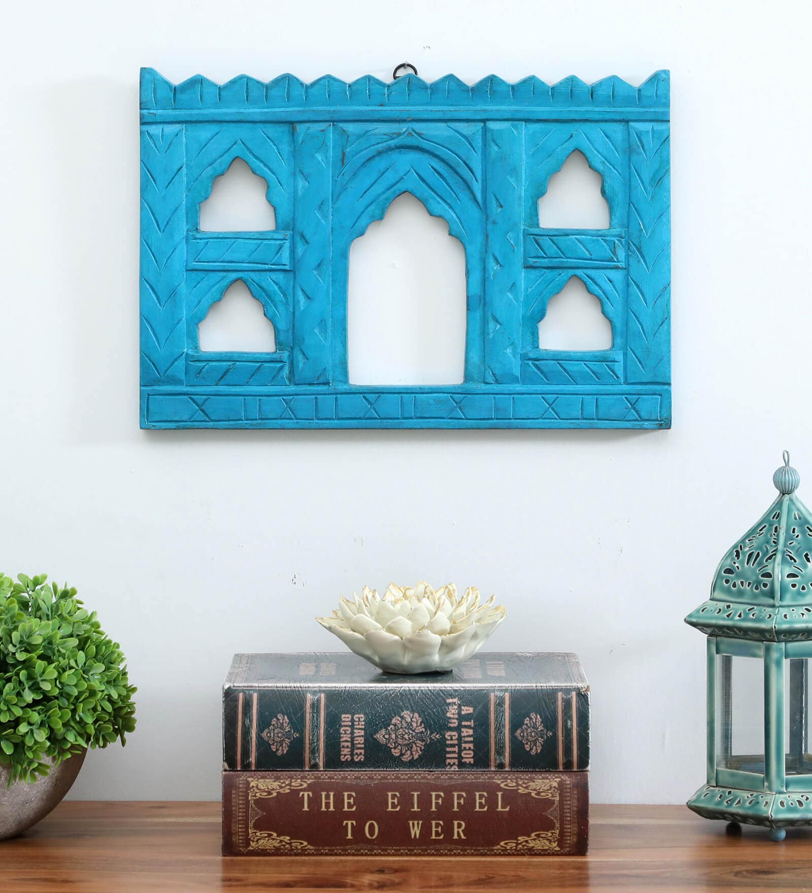 Blue Distress Color Handpainted Engineered Wood Carving Jharokha Frame