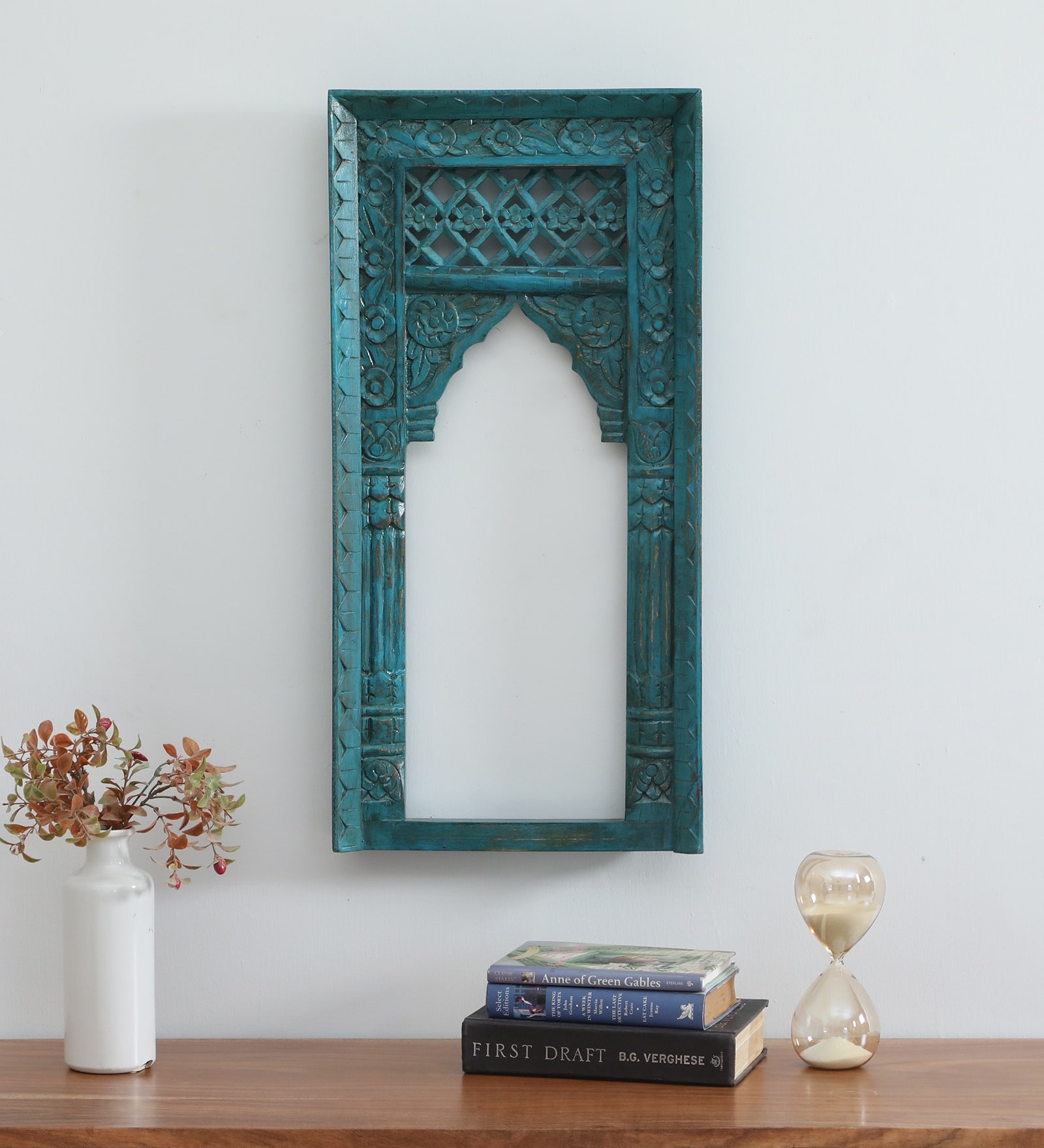 Blue Distress Color Handpainted Mango Wood Carving Jharokha Frame