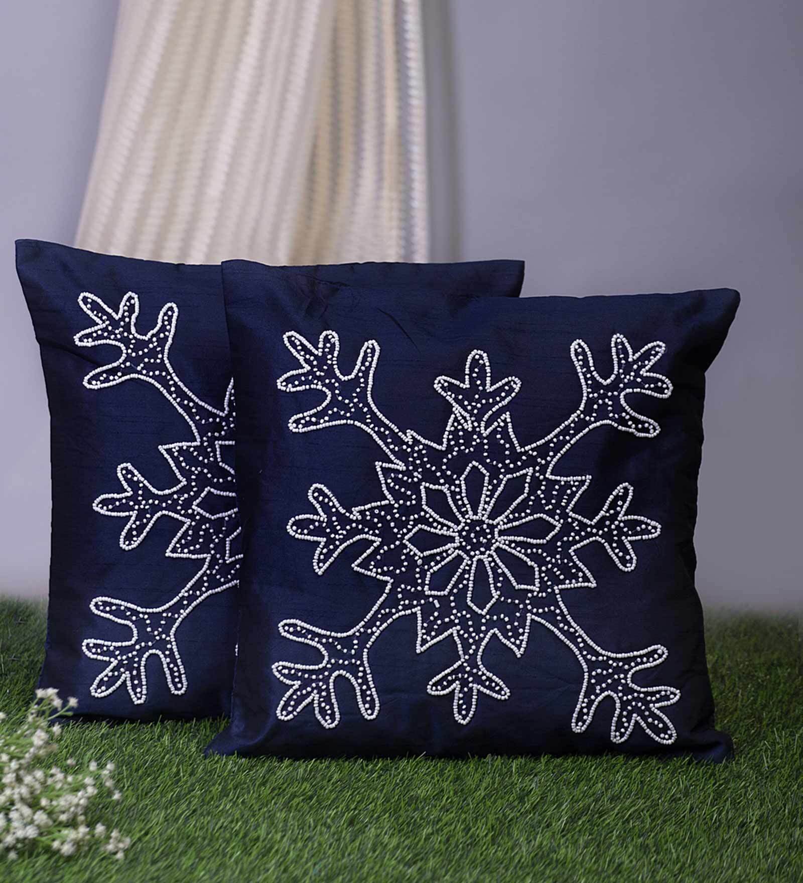 Blue - Kutch Pakko Hand Embroidery Silk Cushion Cover (16 x 16 in)