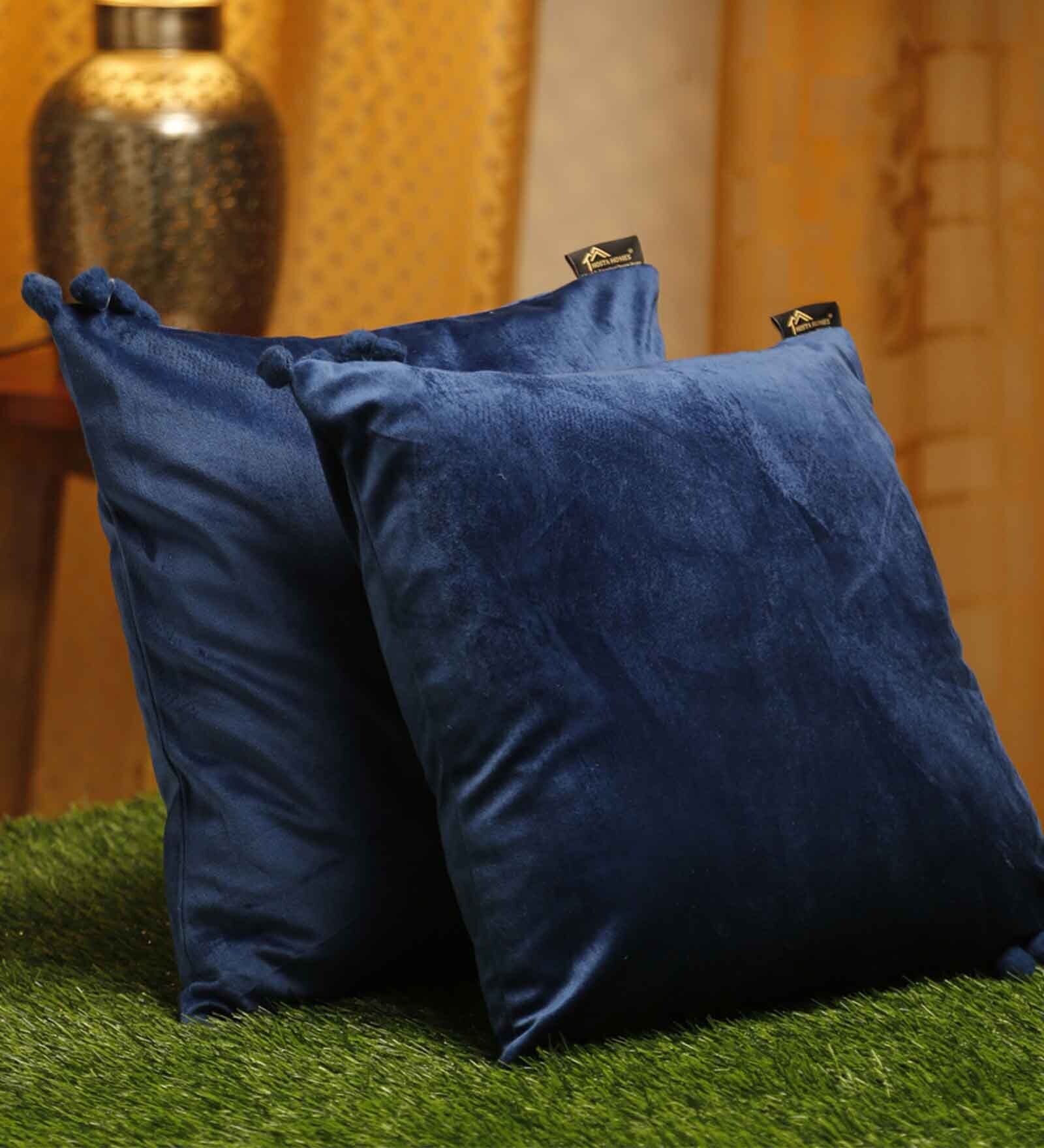 Blue Solid Velvet 16 x 16 Inches Embroidered Cushion Covers (Set of 5)