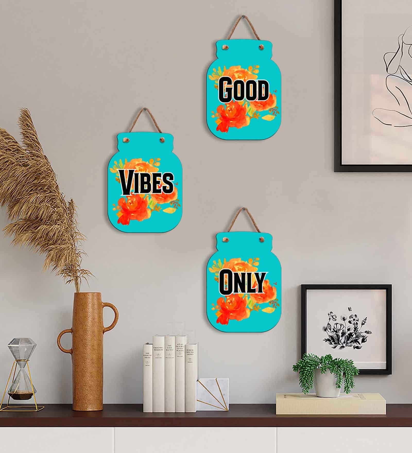 Blue Engineered Wood (Set of 3) Wall Hanging