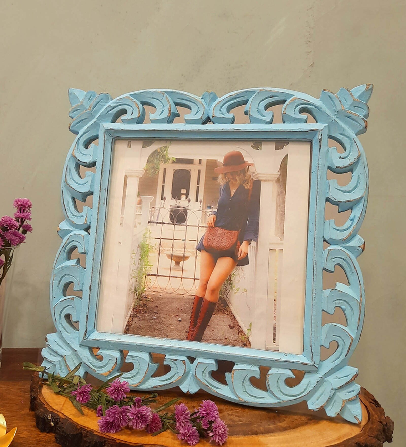 Buy Blue Engineered Wood Table Top Wooden Carved Square Photo Frame by