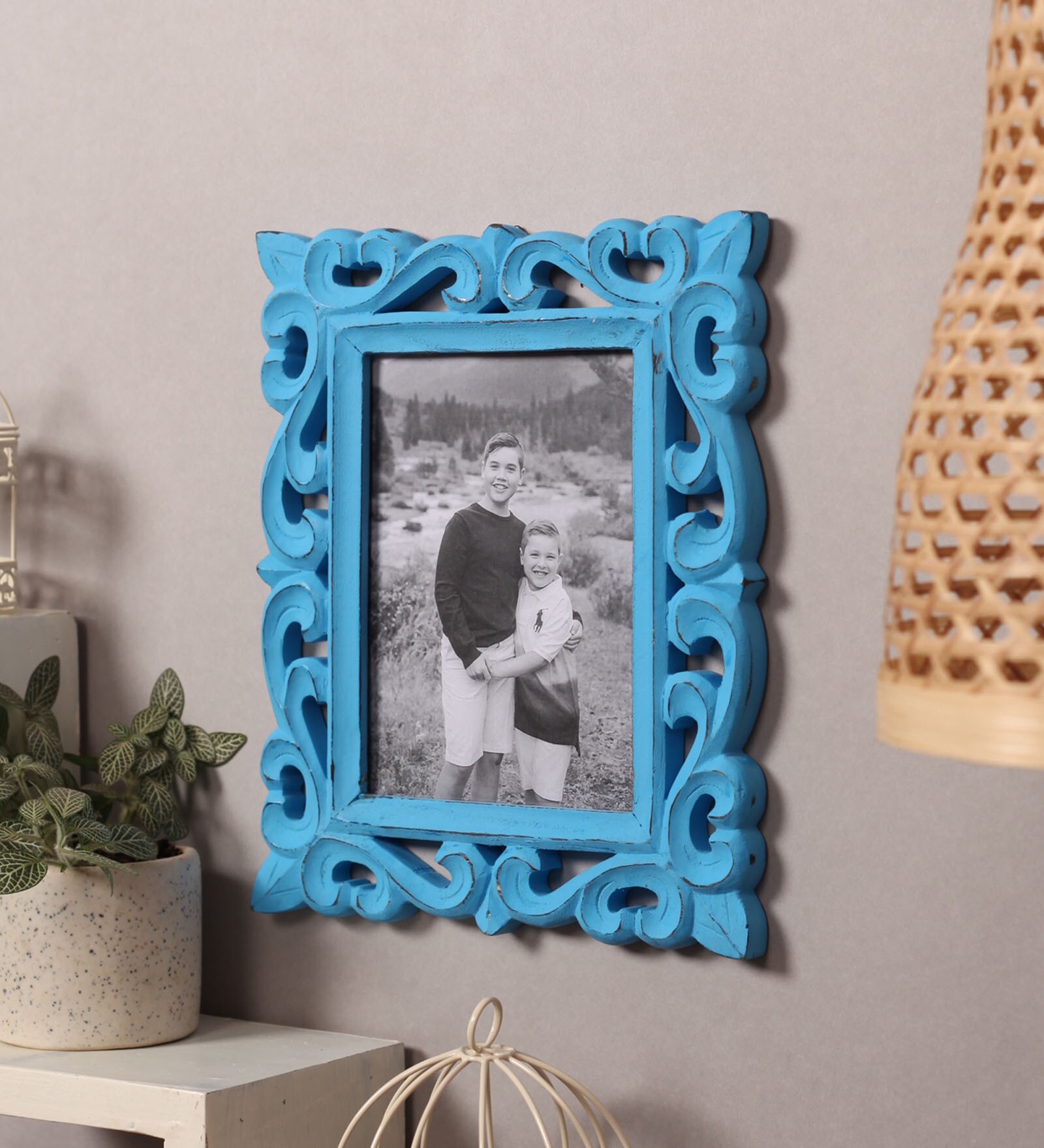 Buy Blue Engineered Wood Wall Wooden Carved Square Photo Frame by Yatha