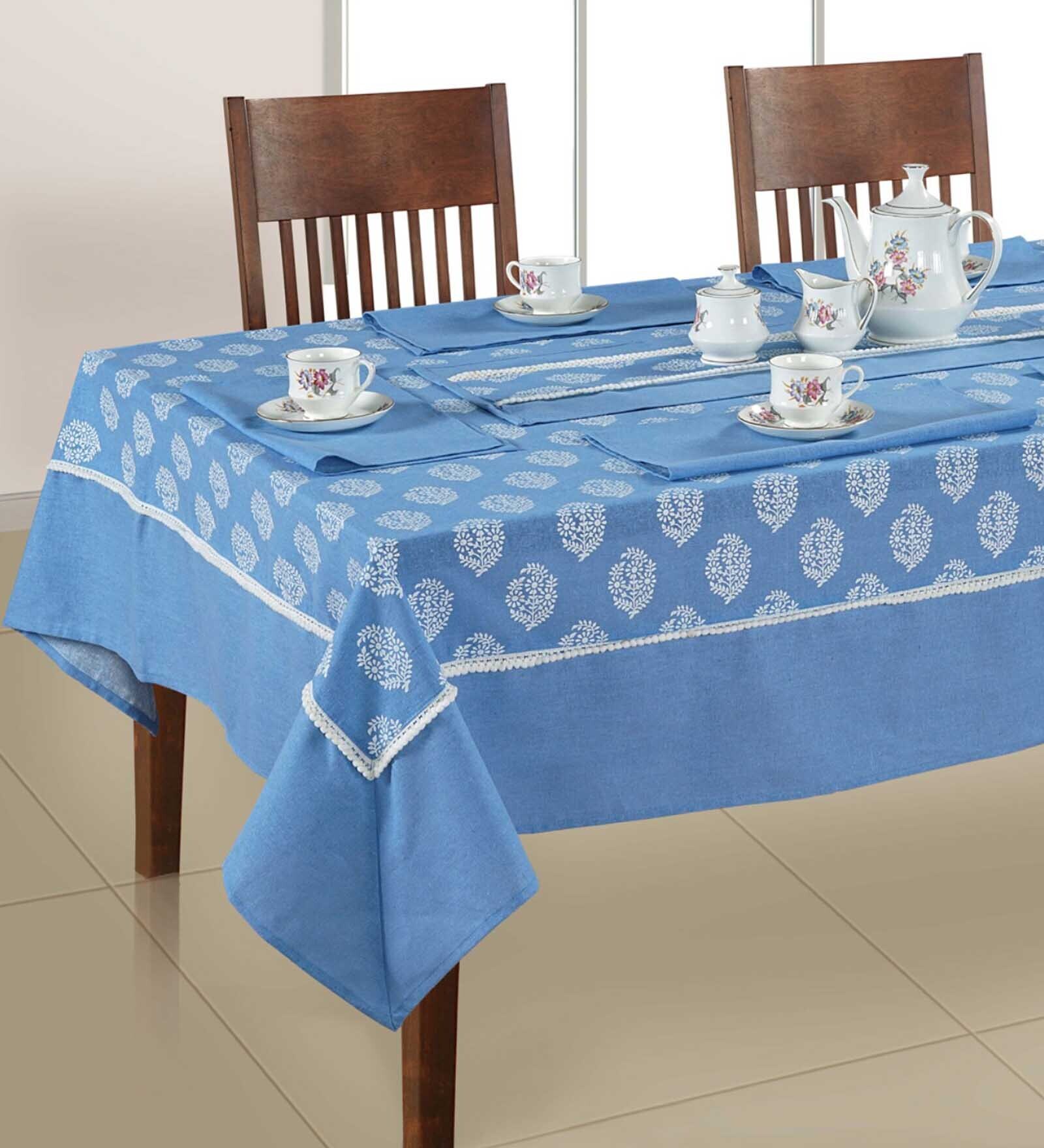 Nanala (108x60) Blue & White Cotton (Set of 10) Table Linen Set