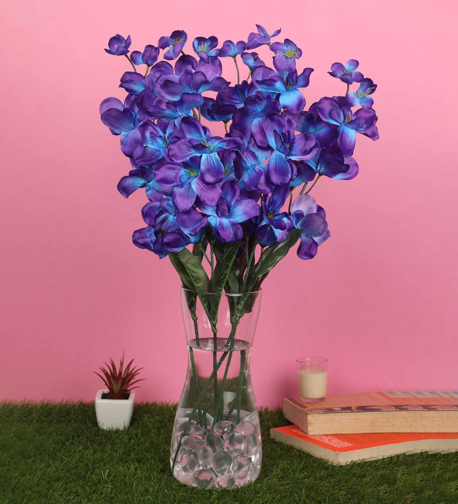 Blue Fabric Orchid Artificial Flower Pack of 5