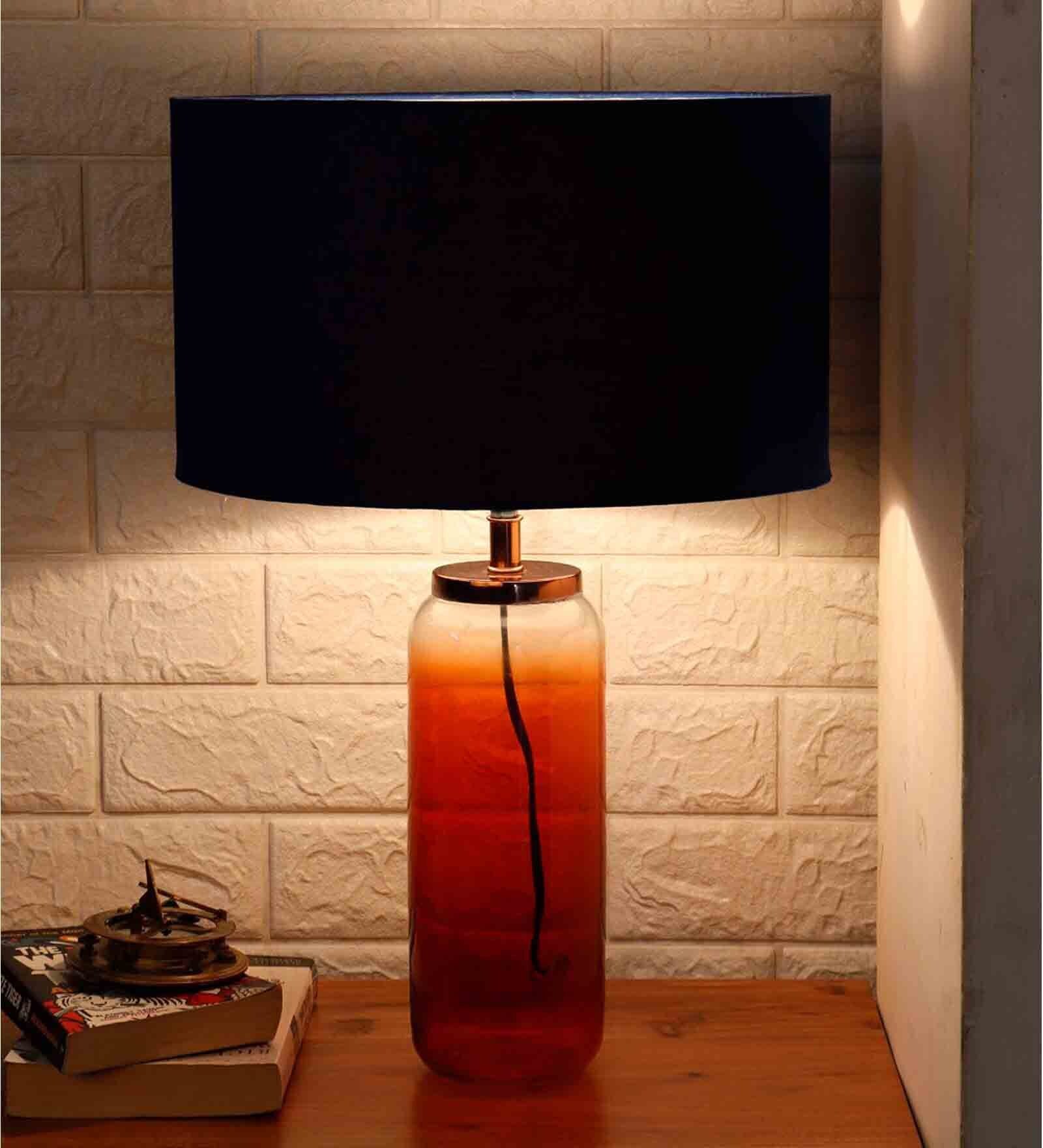 Pyramind Blue Fabric Shade Night Lamp With Glass Base