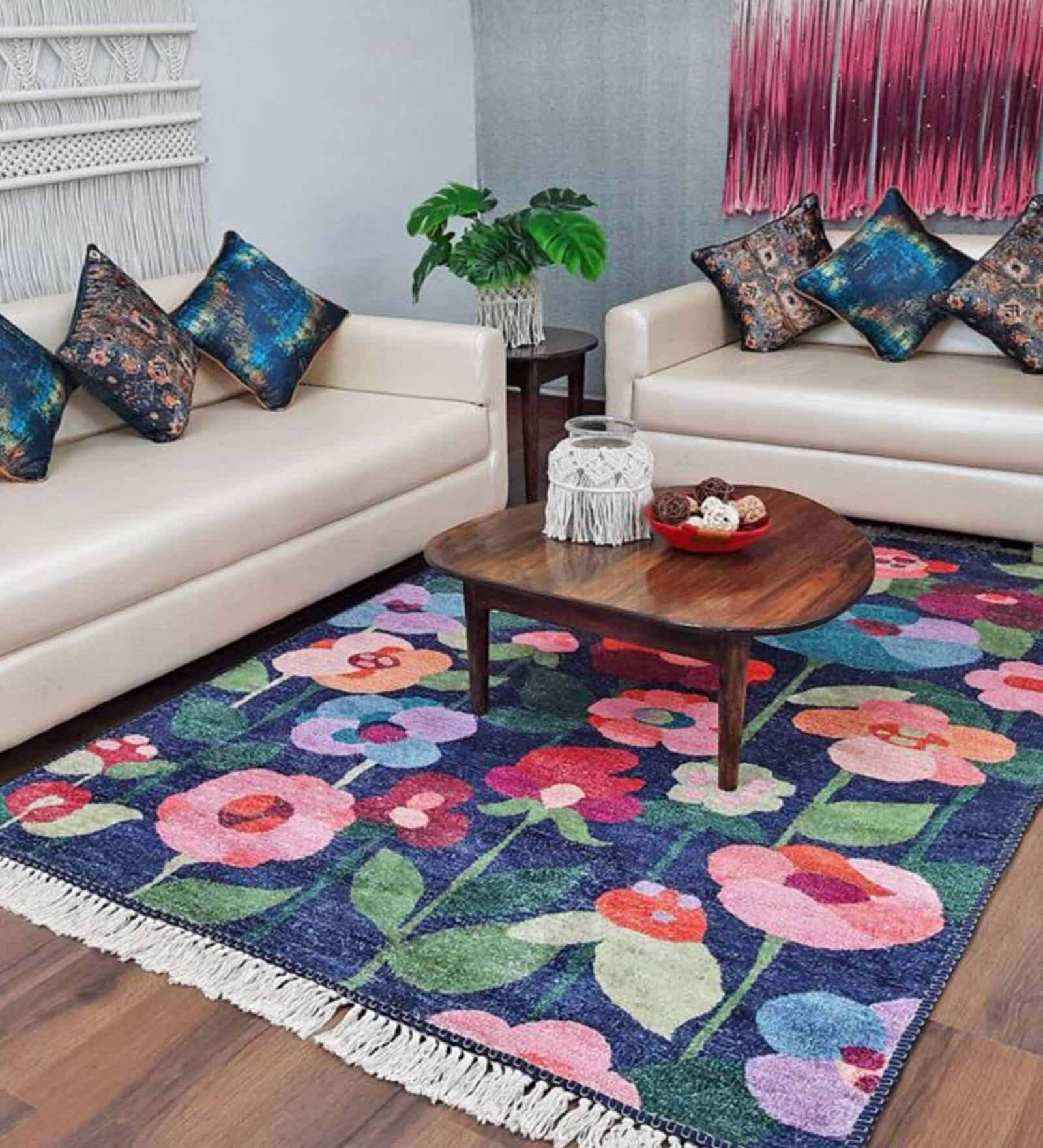 Blue Floral Faux Silk 4 ft x 6 ft Hand Woven Carpet