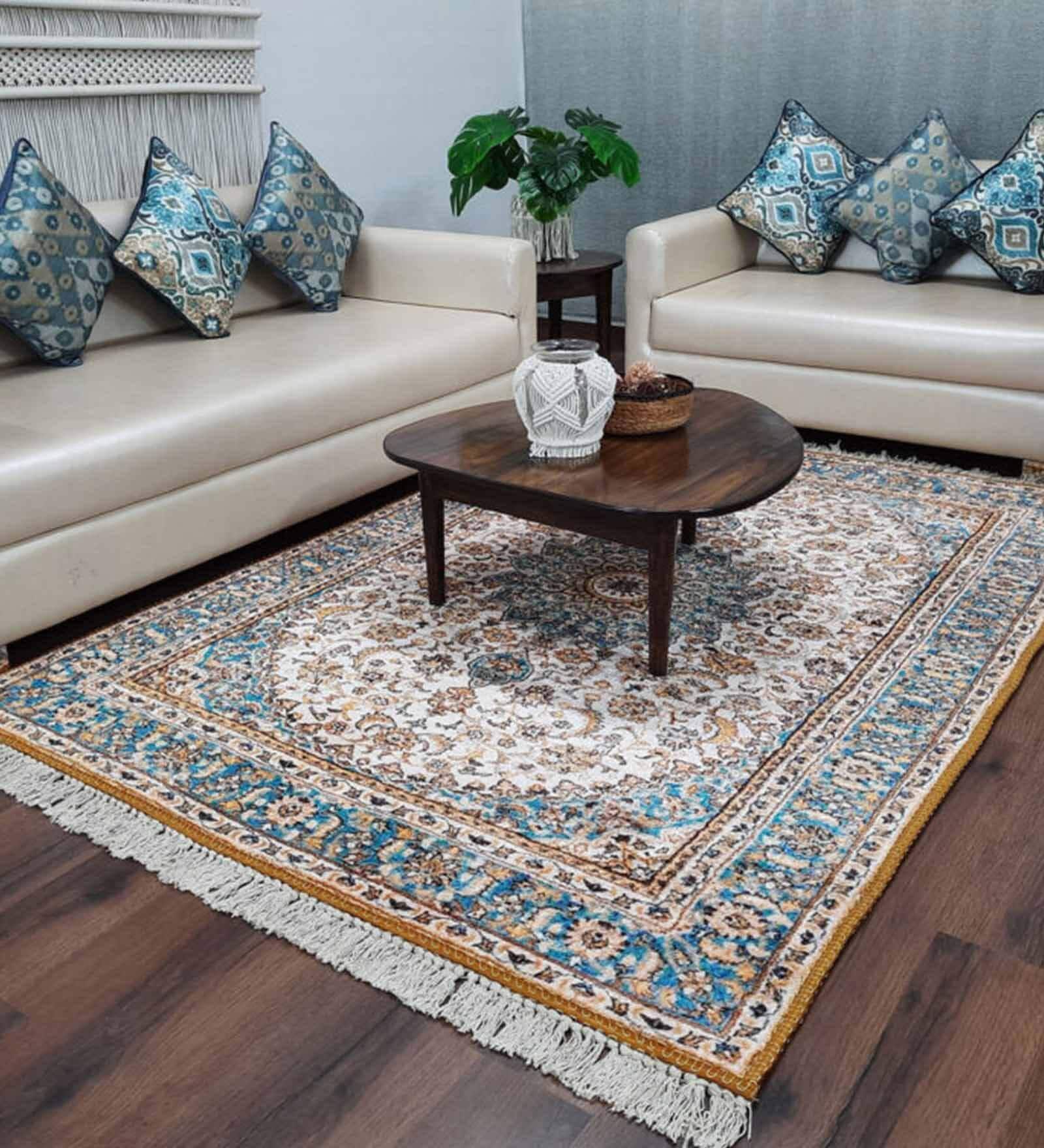 Blue Persian Faux Silk 3 ft x 5 ft Hand Woven Carpet