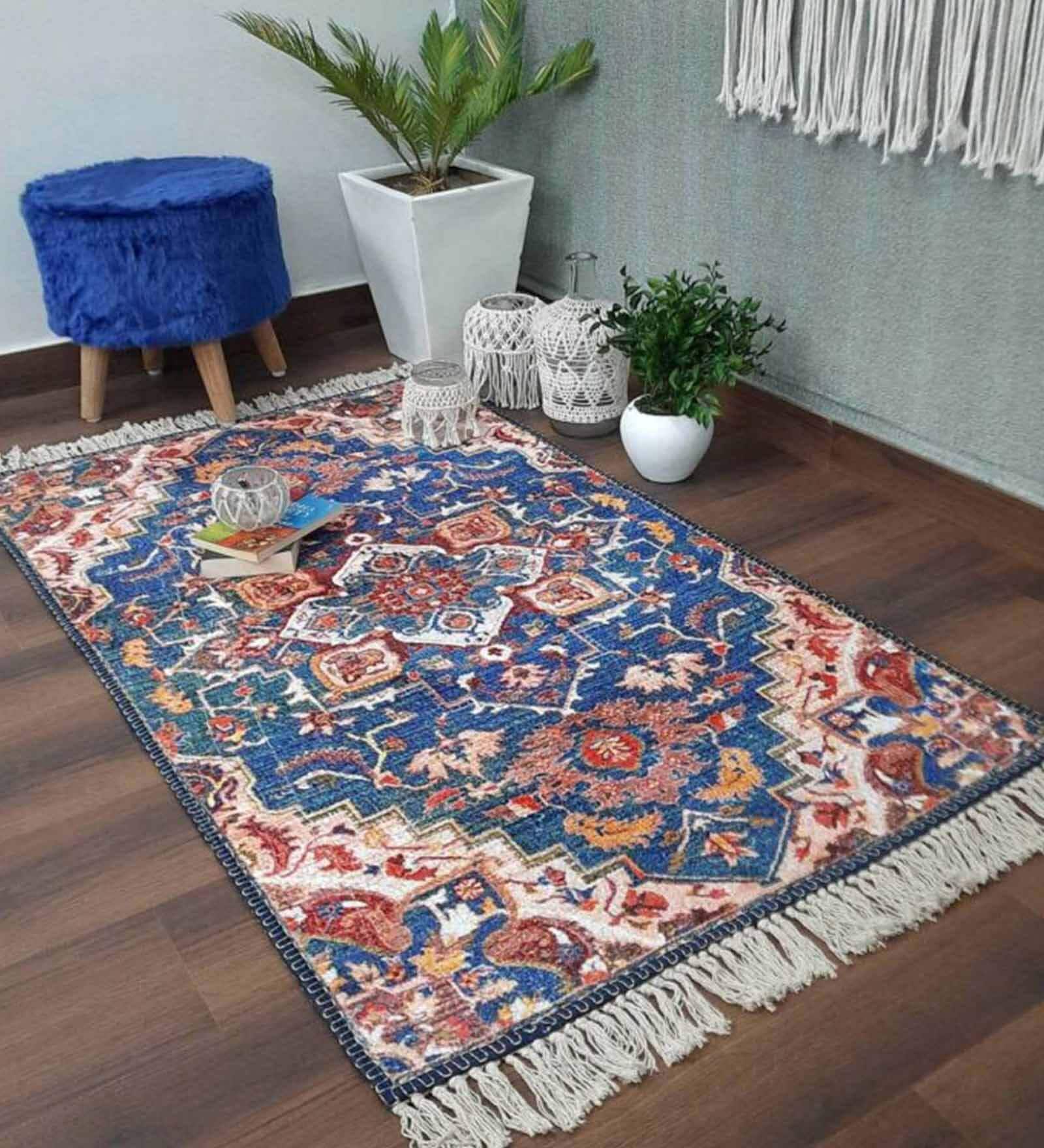 Blue Persian Faux Silk 5 ft x 7 ft Hand Woven Carpet