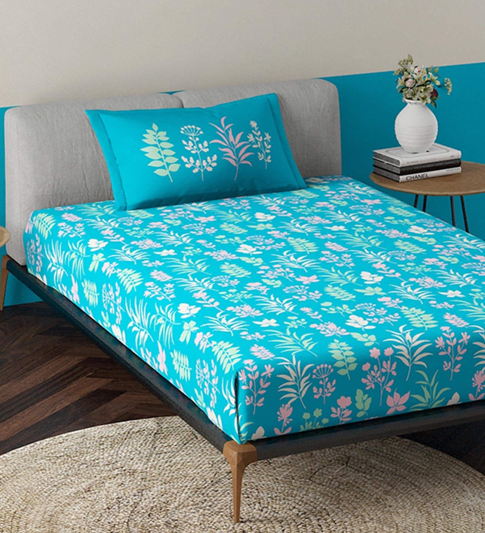 Buy Blue Floral 120 TC 100 Cotton Single Bed Sized Bed Sheets With 1