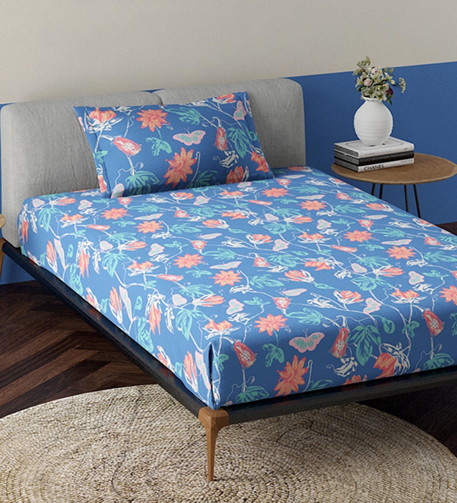 Blue Floral 144 TC 100% Cotton Single Bed Sized Bed Sheets With 1 Pillow Cover