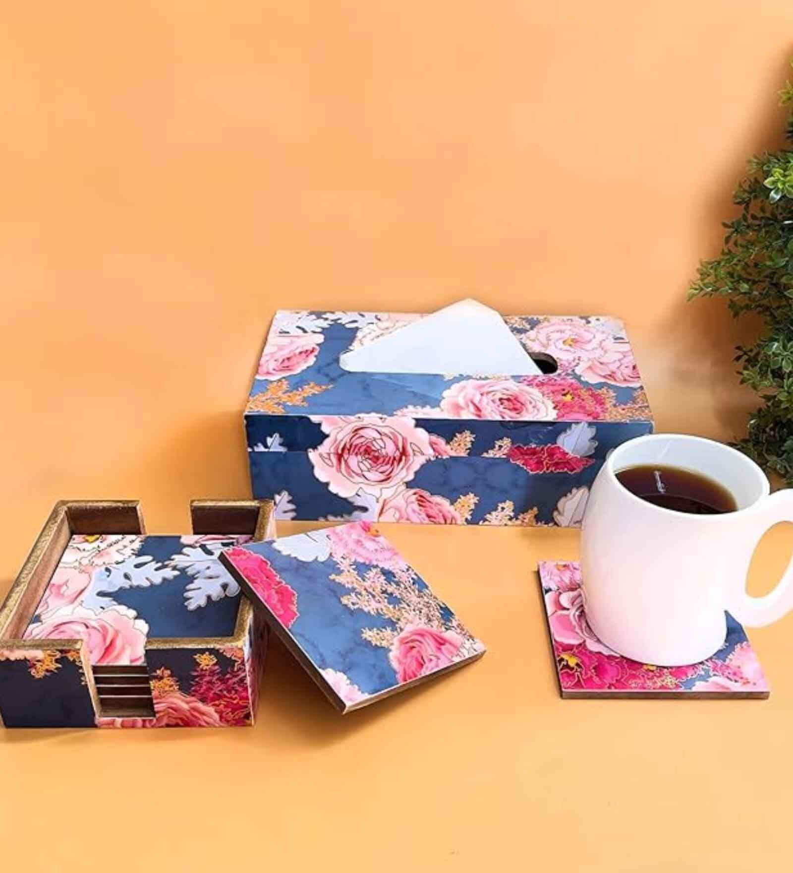 Blue Floral Combo Tissue Box Holder with  Set of 6 Coaster Set