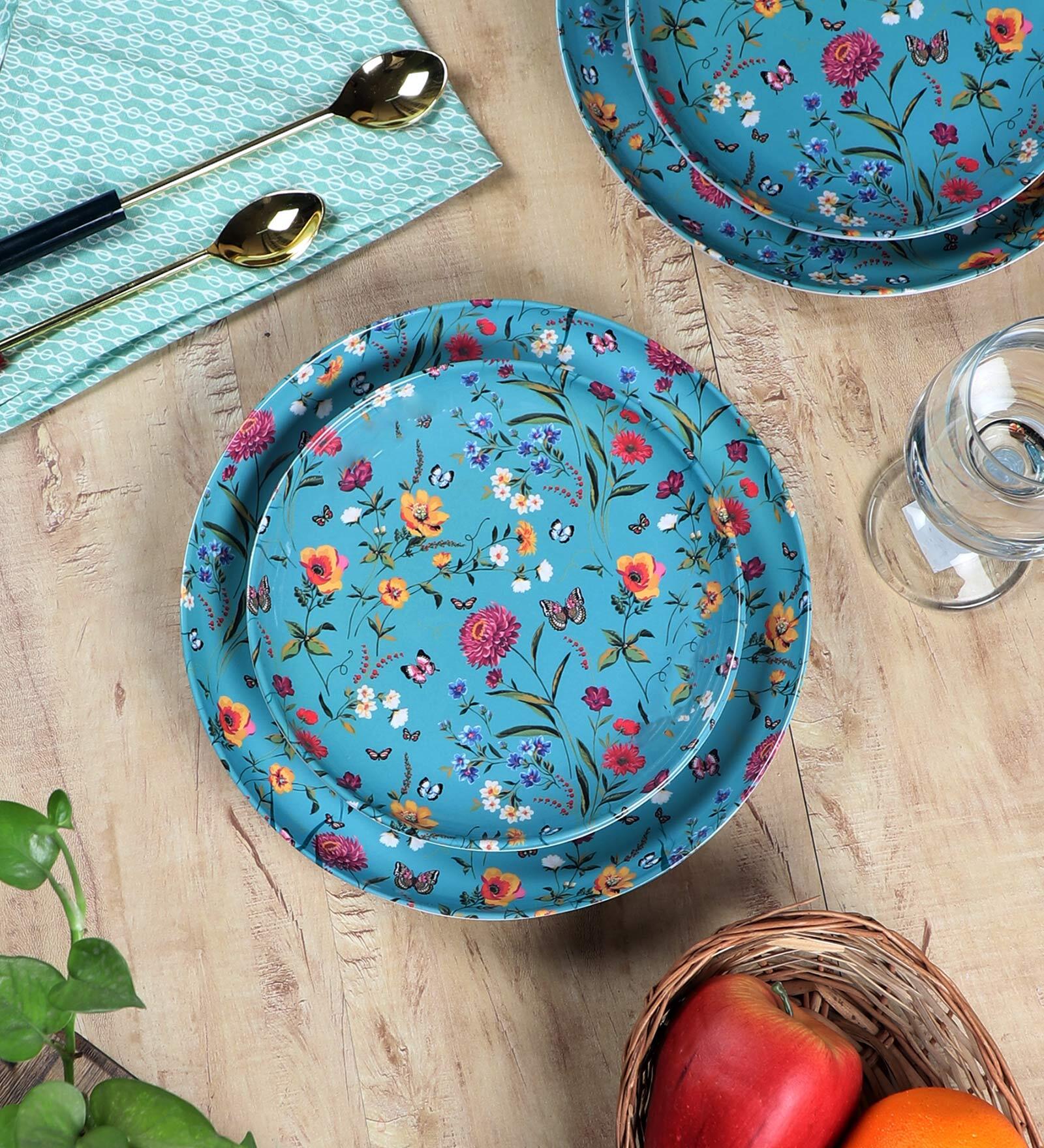 Floral 12 Pcs Blue Melamine Dinnerware Set