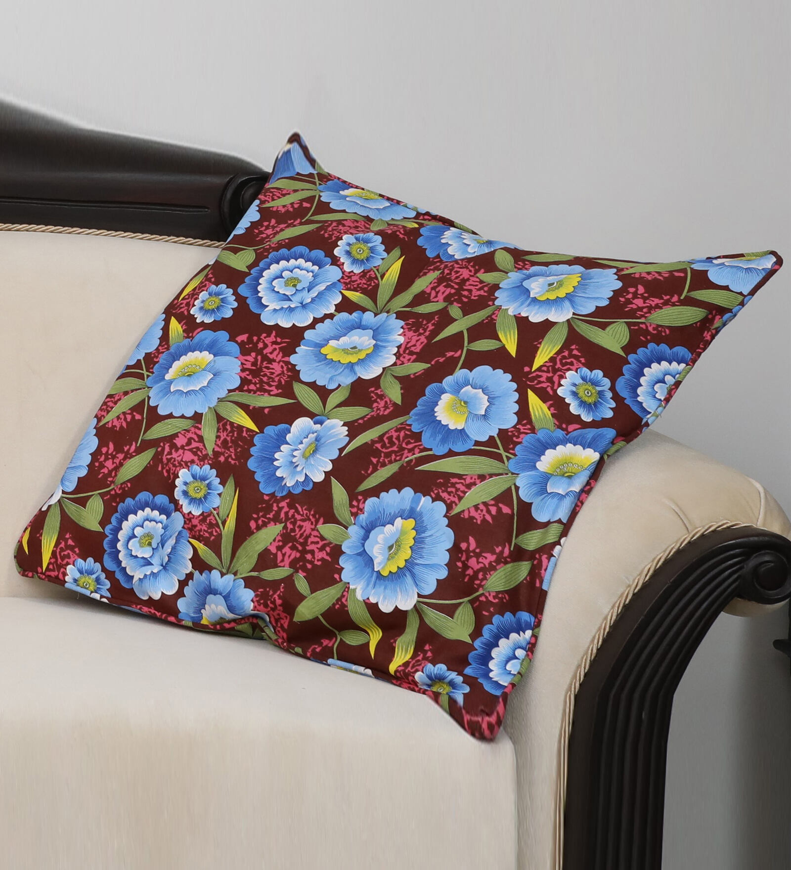 Blue Floral 100% Cotton 16 x 16 Inches Cushion Cover