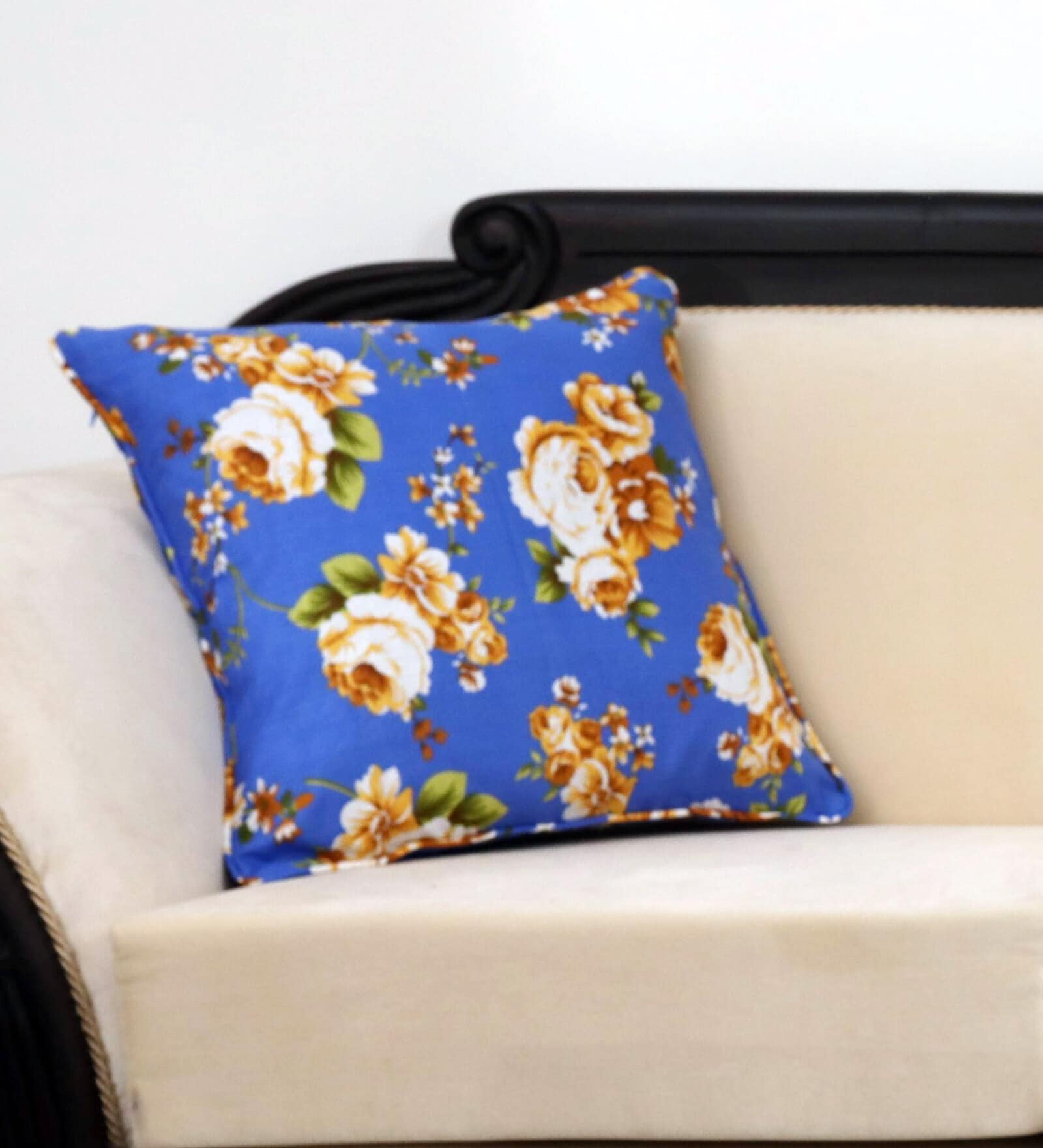 Blue Floral 100% Cotton 16 x 16 Inch Cushion Cover